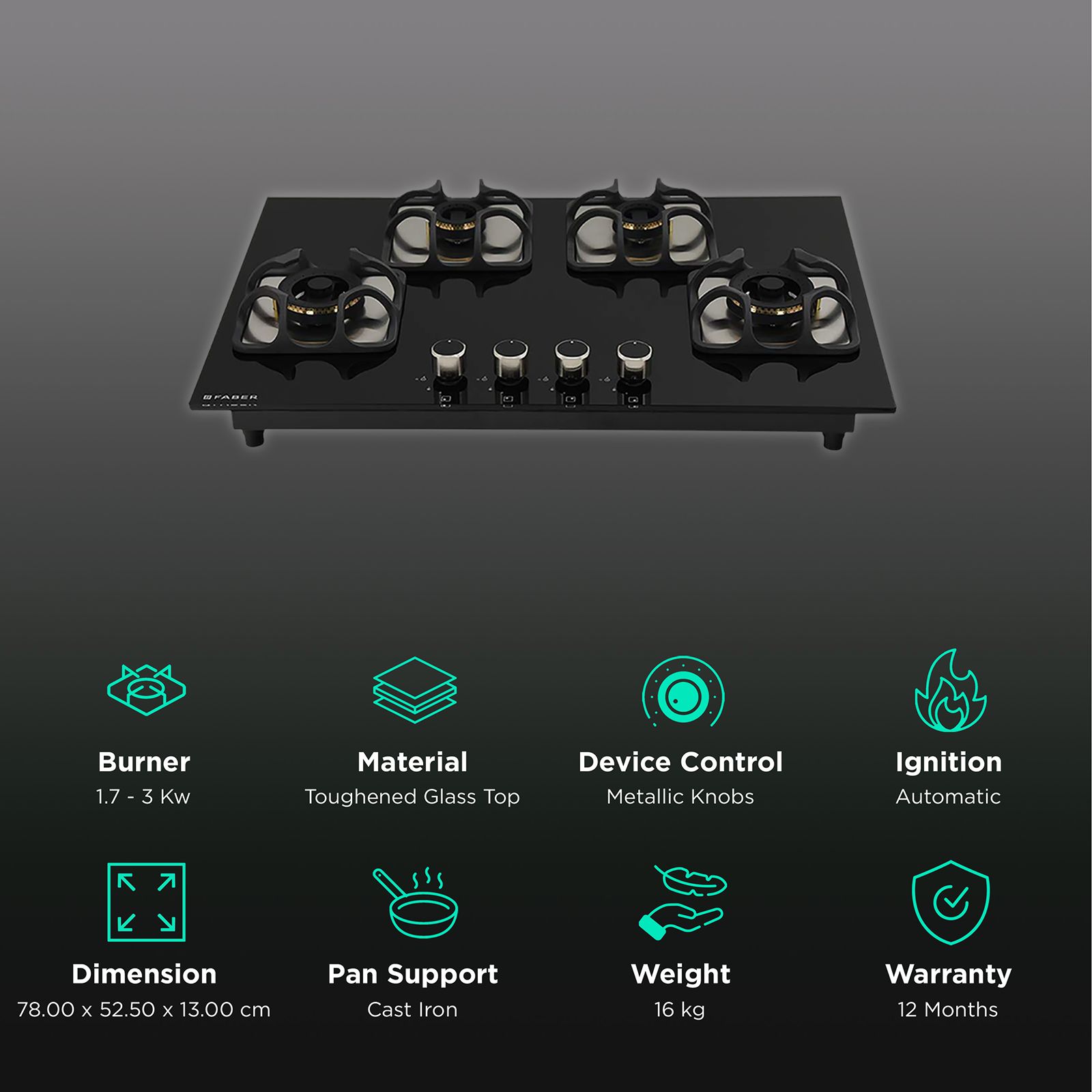 Faber Imperia 784 BRB CI BK Toughened Glass Top 4 Burner Automatic Hob (High Quality Knob, Black) Faber Imperia 784 BRB CI BK Toughened Glass Top 4 Burner Automatic Hob (High Quality Knob, Black)_3