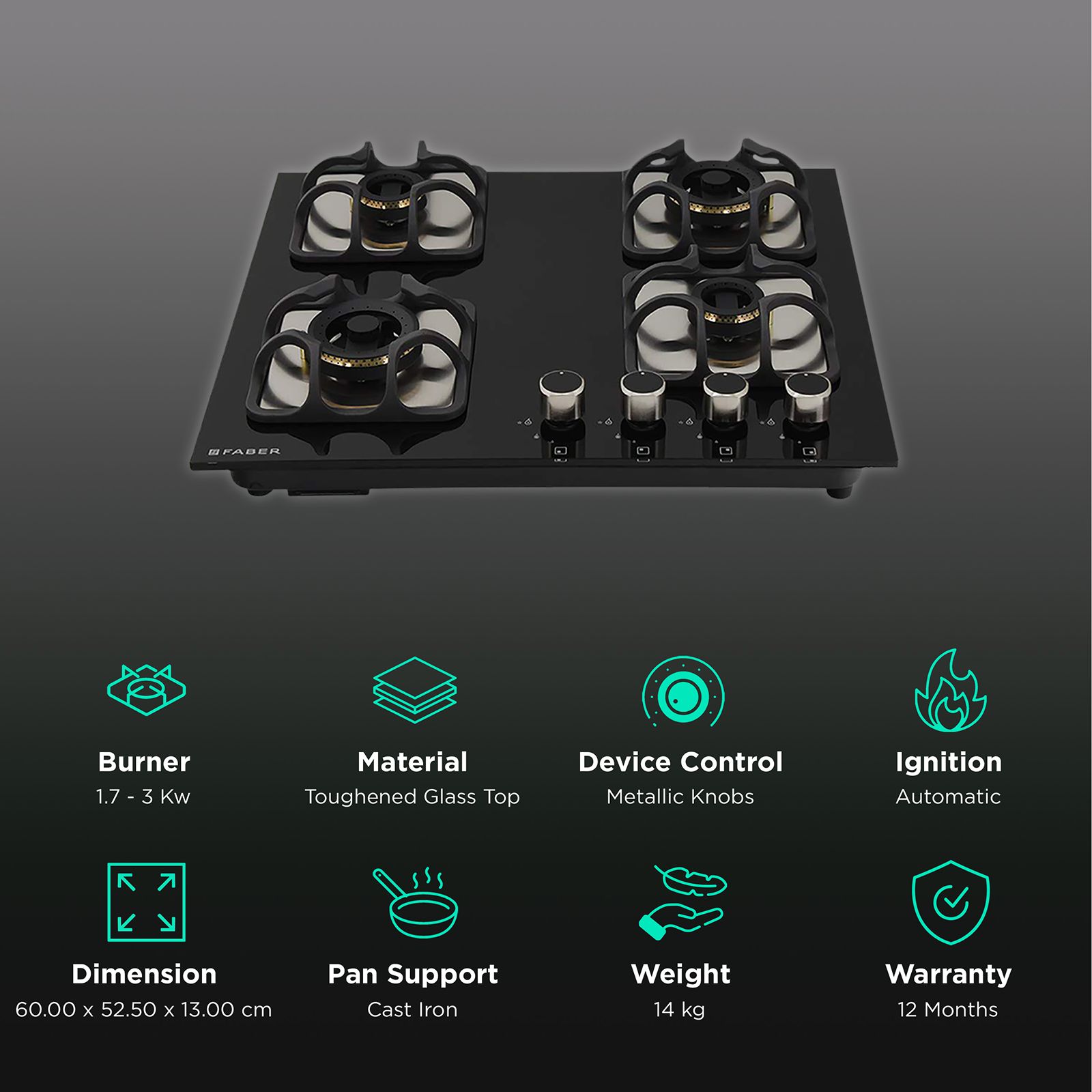 Faber Imperia Plus 604 BRB CI BK Toughened Glass Top 4 Burner Automatic Hob (High Quality Knob, Black) Faber Imperia Plus 604 BRB CI BK Toughened Glass Top 4 Burner Automatic Hob (High Quality Knob, Black)_3