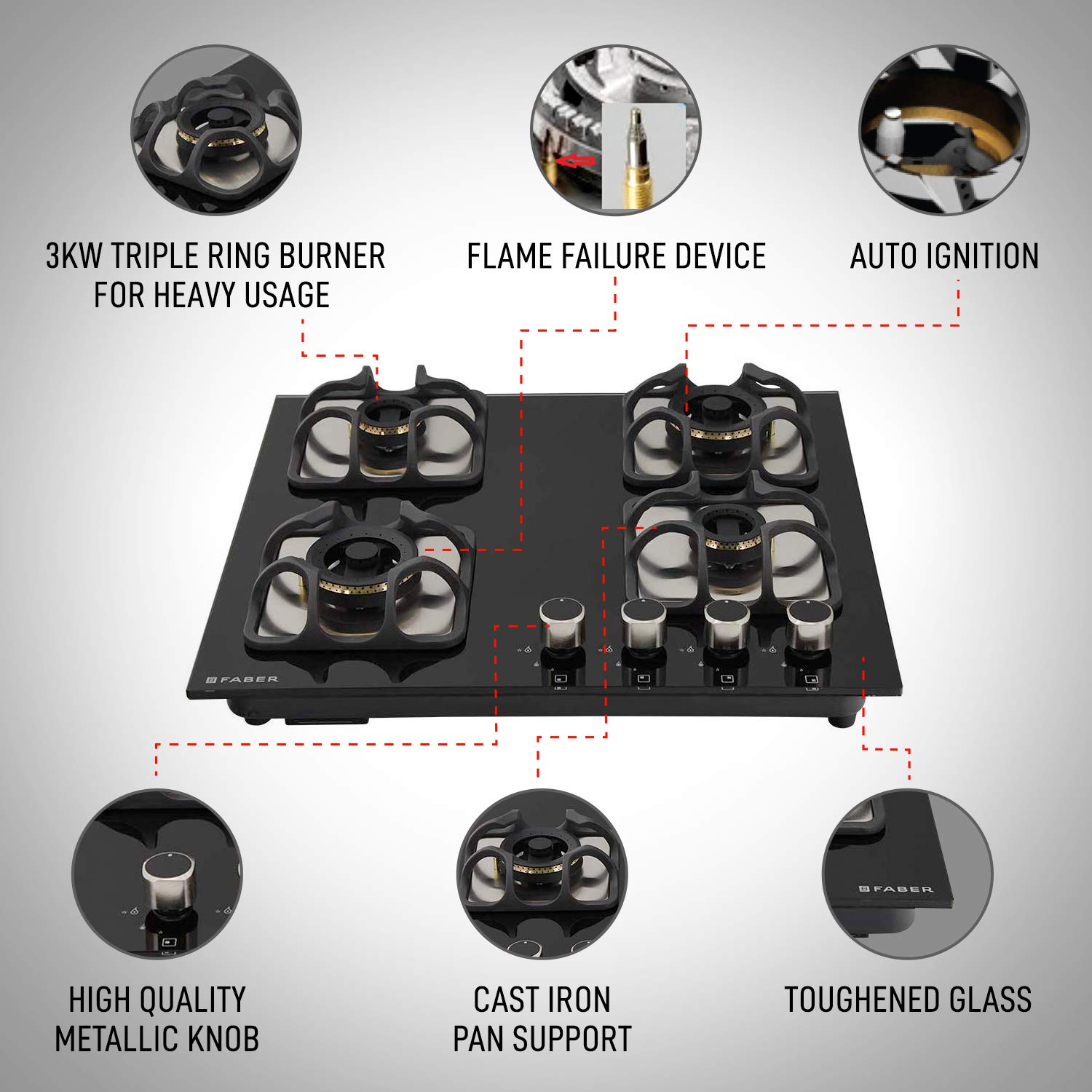 Faber Imperia Plus 604 BRB CI BK Toughened Glass Top 4 Burner Automatic Hob (High Quality Knob, Black) Faber Imperia Plus 604 BRB CI BK Toughened Glass Top 4 Burner Automatic Hob (High Quality Knob, Black)_5