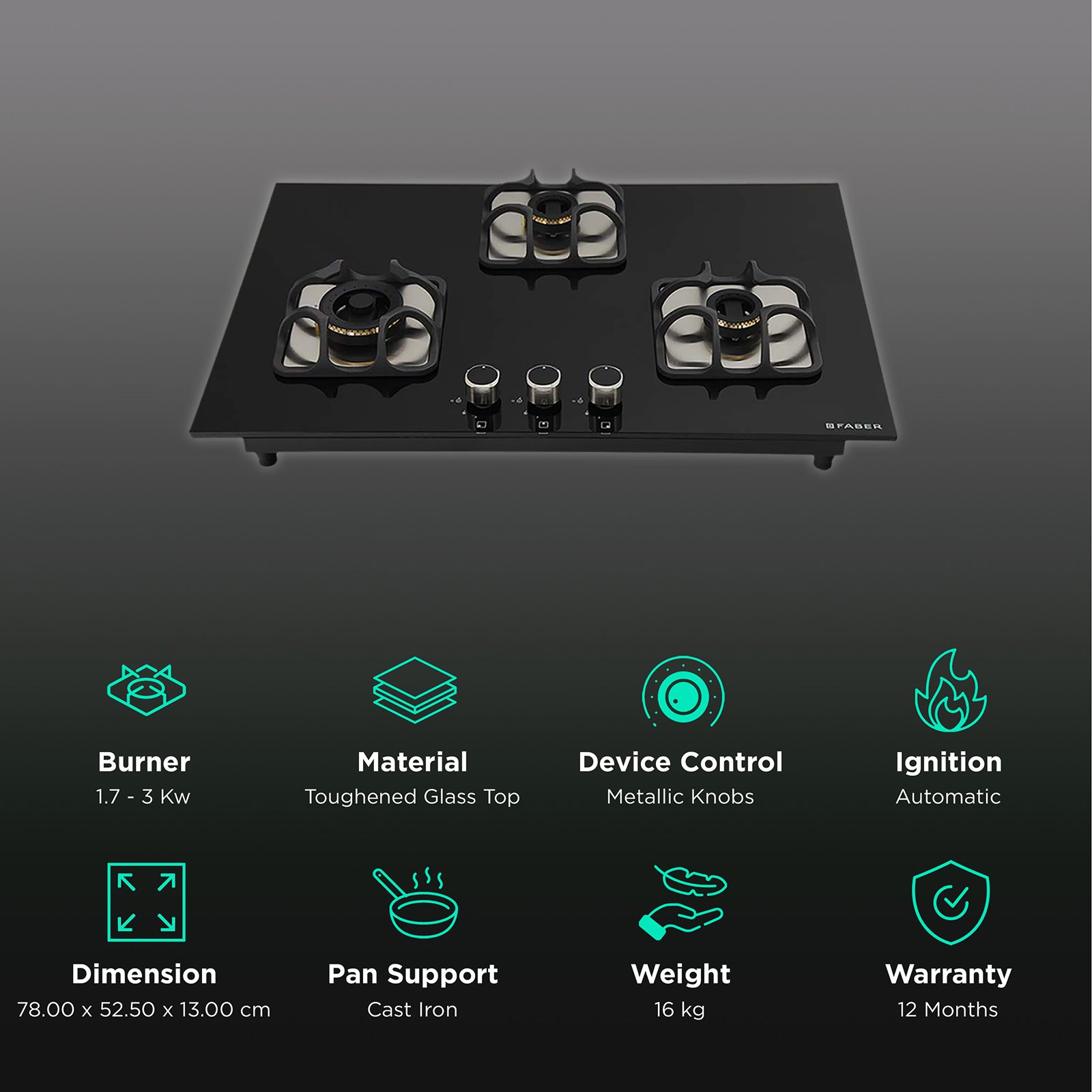 Faber Imperia Plus 783 BRB CI BK Toughened Glass Top 3 Burner Automatic Hob (High Quality Knob, Black) Faber Imperia Plus 783 BRB CI BK Toughened Glass Top 3 Burner Automatic Hob (High Quality Knob, Black)_3