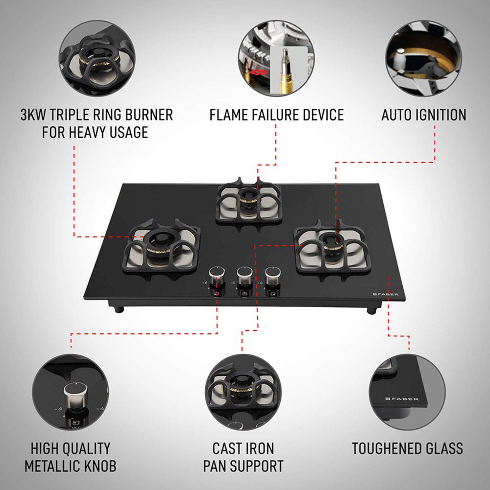 Faber Imperia Plus 783 BRB CI BK Toughened Glass Top 3 Burner Automatic Hob (High Quality Knob, Black) Faber Imperia Plus 783 BRB CI BK Toughened Glass Top 3 Burner Automatic Hob (High Quality Knob, Black)_6
