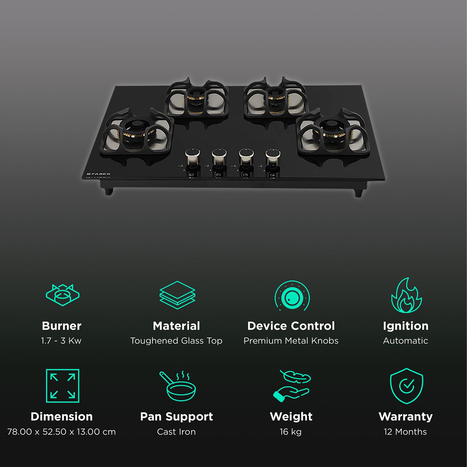 Faber Imperia Plus 784 BRB CI BK Toughened Glass Top 4 Burner Automatic Hob (High Quality Knob, Black) Faber Imperia Plus 784 BRB CI BK Toughened Glass Top 4 Burner Automatic Hob (High Quality Knob, Black)_3