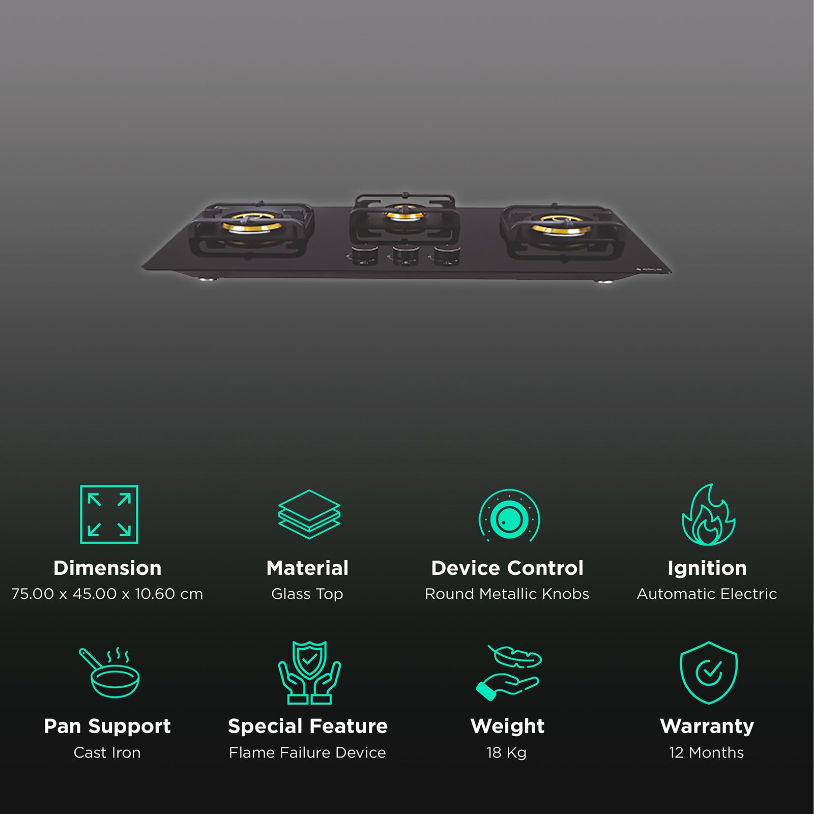 Elica Flexi Pro FB 3B 75 MT DX Glass Top 3 Burner Automatic Electric Hob (Round Metallic Knob, Black) Elica Flexi Pro FB 3B 75 MT DX Glass Top 3 Burner Automatic Electric Hob (Round Metallic Knob, Black)_3