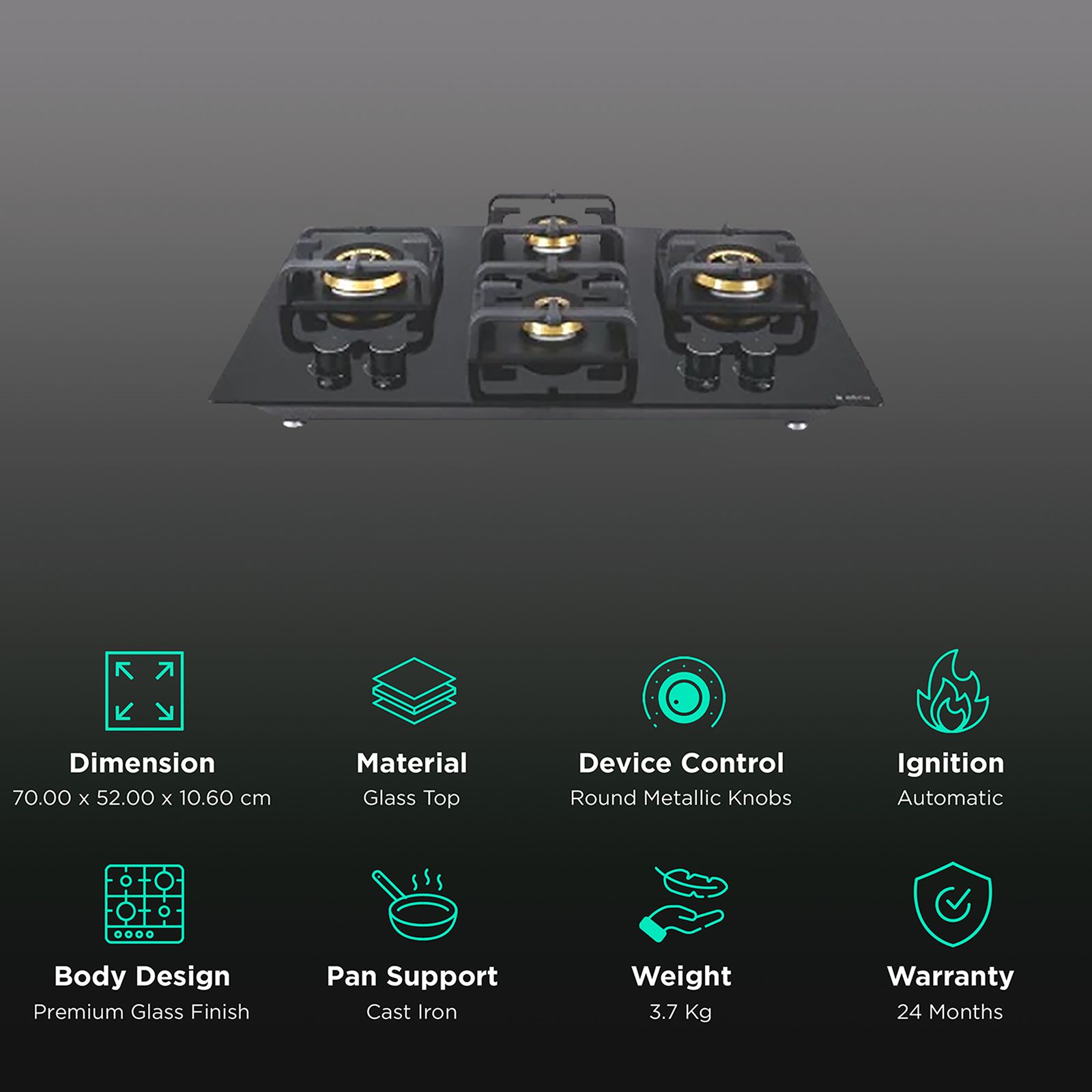 Elica Flexi Pro FB 4B 70 MT DX Glass Top 4 Burner Automatic Hob (Round Metallic Knob, Black) Elica Flexi Pro FB 4B 70 MT DX Glass Top 4 Burner Automatic Hob (Round Metallic Knob, Black)_3