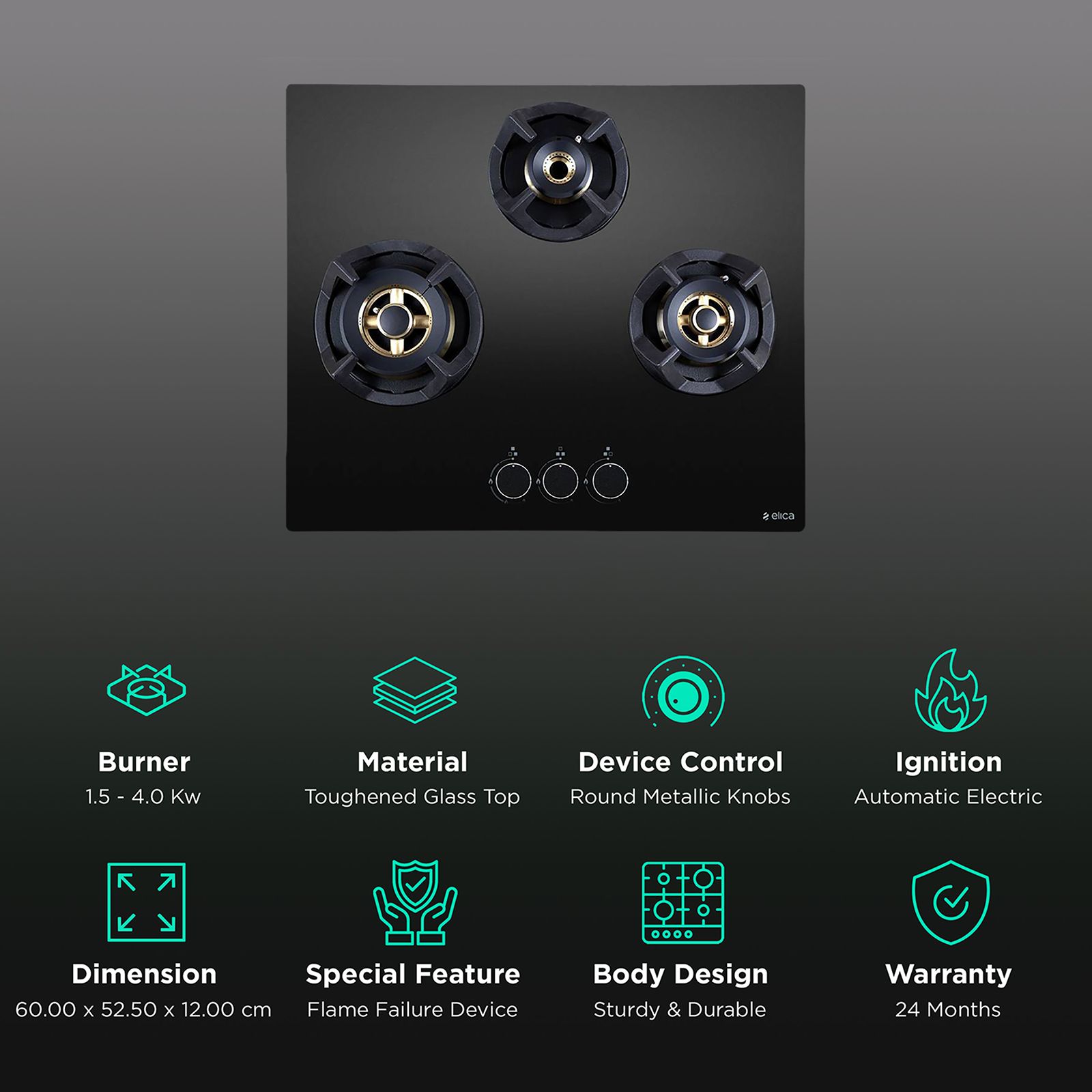 Elica CLASSIC FLEXI FB MFC 3B 60 MT Toughened Glass Top 3 Burner Automatic Electric Hob (Round Metallic Knob, Black) Elica CLASSIC FLEXI FB MFC 3B 60 MT Toughened Glass Top 3 Burner Automatic Electric Hob (Round Metallic Knob, Black)_3