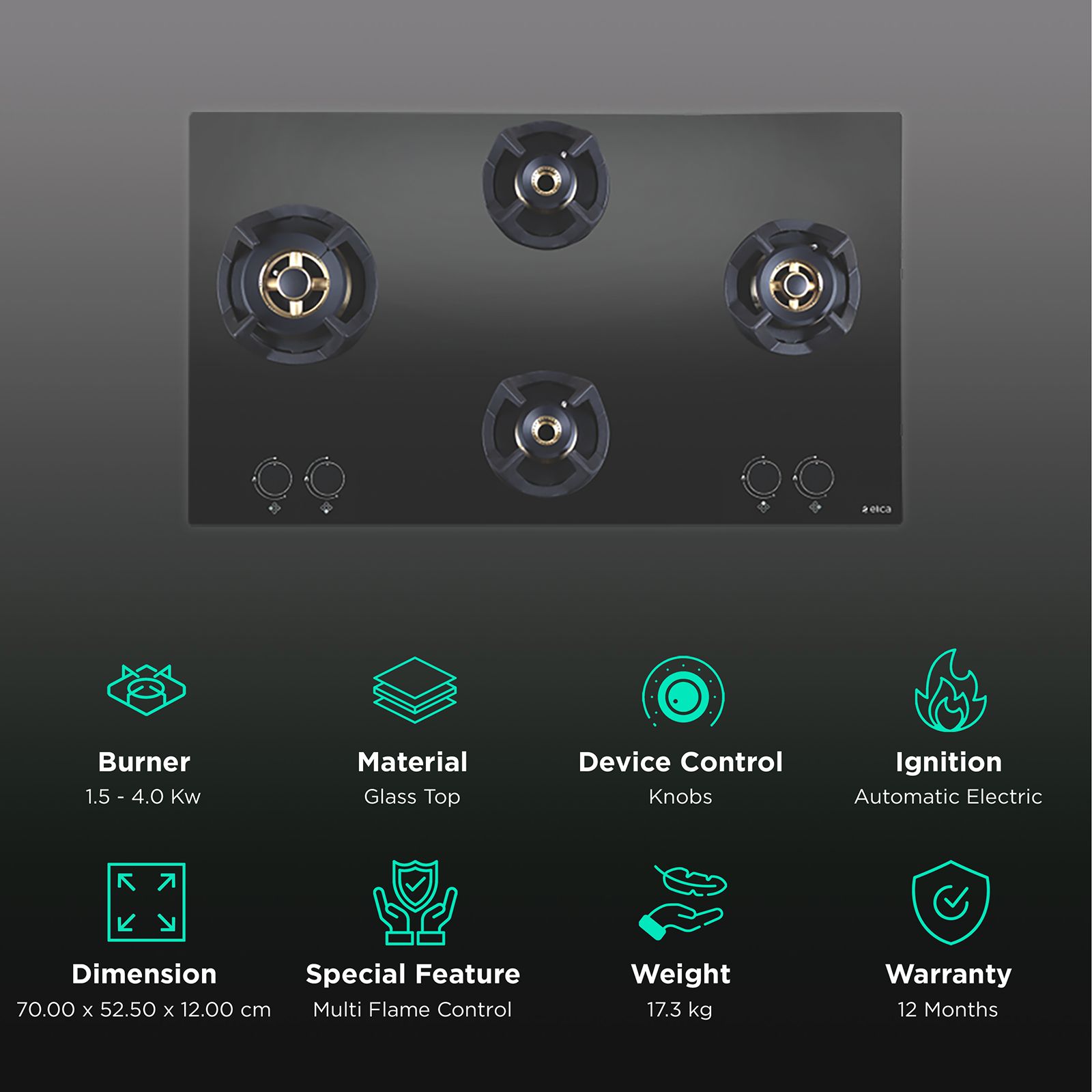 Elica CLASSIC FLEXI FB MFC 4B 70 MT Glass Top 4 Burner Automatic Electric Hob (Round Metallic Knob, Black) Elica CLASSIC FLEXI FB MFC 4B 70 MT Glass Top 4 Burner Automatic Electric Hob (Round Metallic Knob, Black)_3