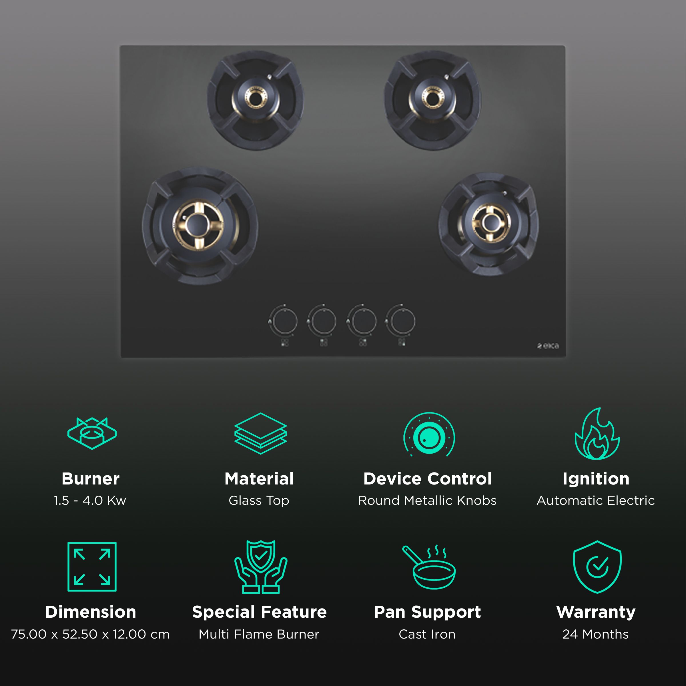 Elica CLASSIC FLEXI FB MFC 4B 75 MT Glass Top 4 Burner Automatic Electric Hob (Round Metallic Knob, Black) Elica CLASSIC FLEXI FB MFC 4B 75 MT Glass Top 4 Burner Automatic Electric Hob (Round Metallic Knob, Black)_3