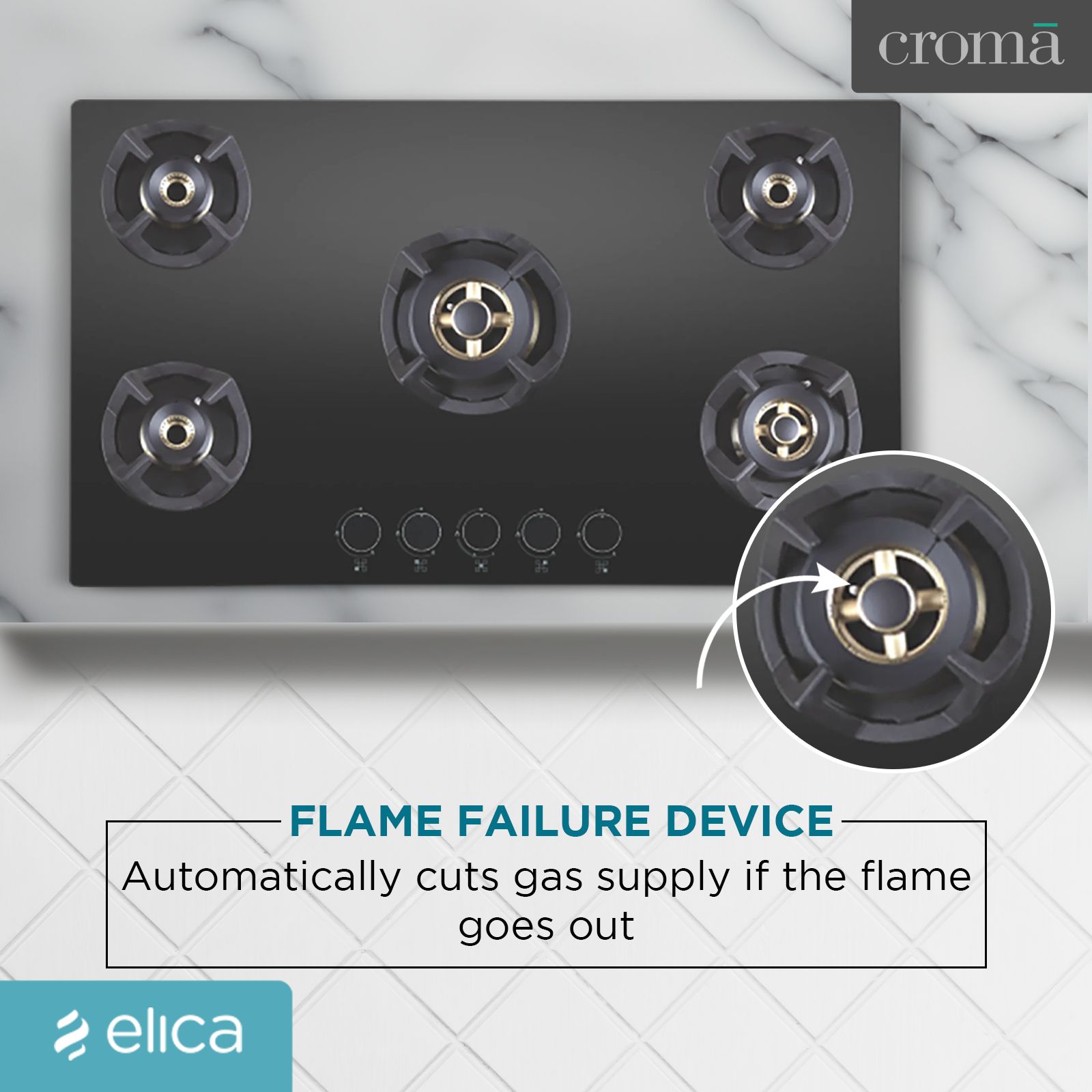 Elica CLASSIC FLEXI FB MFC 5B 90 MT Toughened Glass Top 5 Burner Automatic Electric Hob (Round Metallic Knob, Black) Elica CLASSIC FLEXI FB MFC 5B 90 MT Toughened Glass Top 5 Burner Automatic Electric Hob (Round Metallic Knob, Black)_6