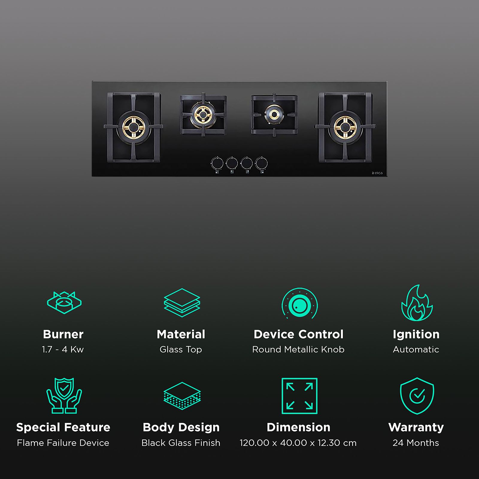 Elica PRO FB MFC 4B 120 DX FFD Glass Top 4 Burner Automatic Electric Hob (Round Metallic Knob, Black) Elica PRO FB MFC 4B 120 DX FFD Glass Top 4 Burner Automatic Electric Hob (Round Metallic Knob, Black)_3