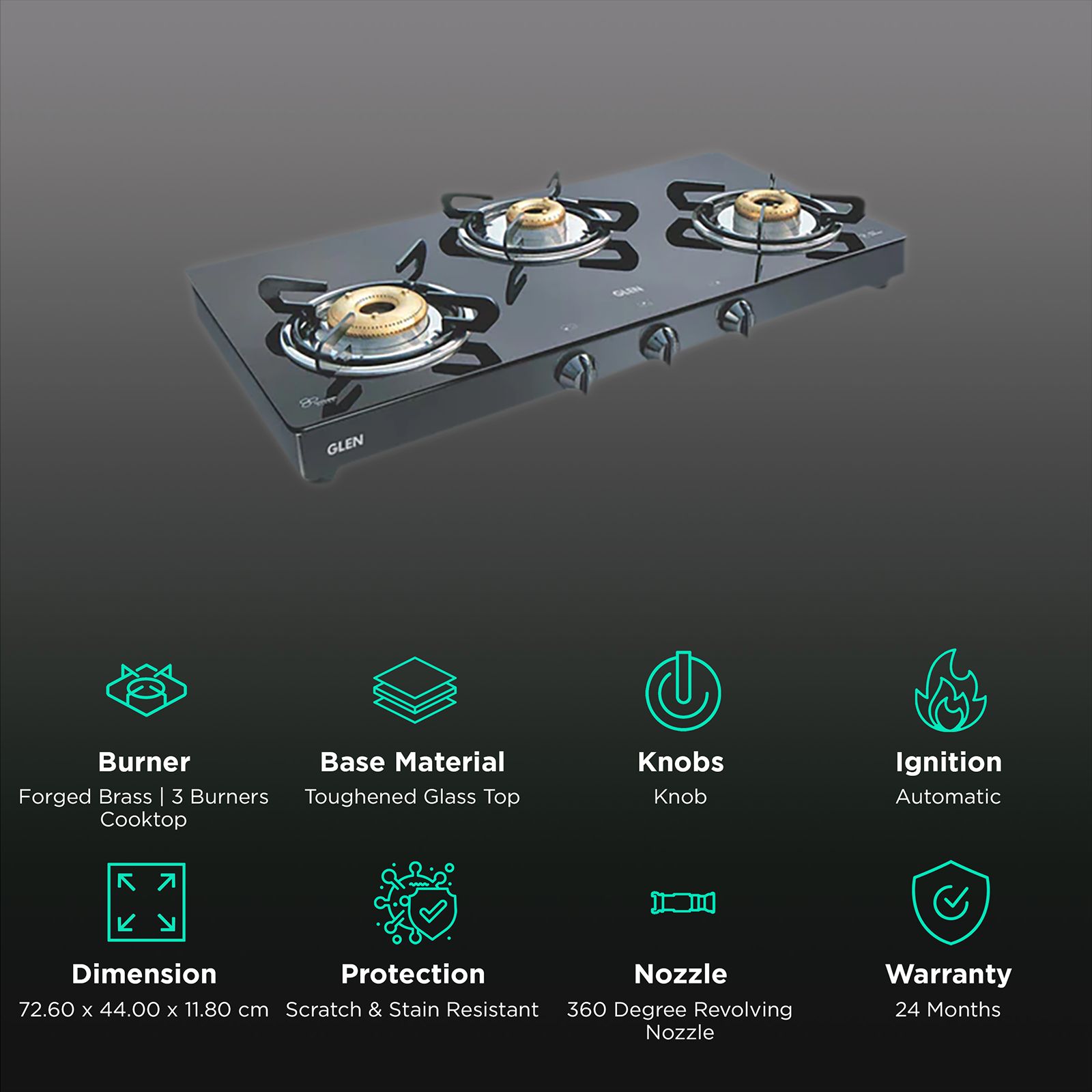Glen 1033 GT XL FB BL DD AI Toughened Glass Top 3 Burner Automatic Gas Stove (Scratch & Stain Resistant, Black) Glen 1033 GT XL FB BL DD AI Toughened Glass Top 3 Burner Automatic Gas Stove (Scratch & Stain Resistant, Black)_3