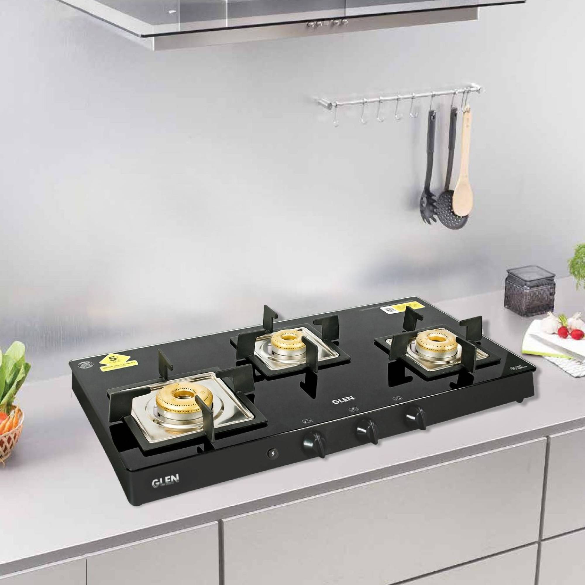 Glen 1038 SQ BL FB AI Toughened Glass Top 3 Burner Automatic Gas Stove (Scratch & Stain Resistant, Black)_5