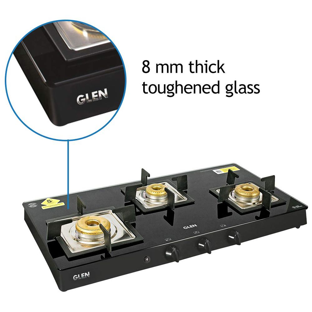 Glen 1038 SQ BL FB AI Toughened Glass Top 3 Burner Automatic Gas Stove (Scratch & Stain Resistant, Black)_8