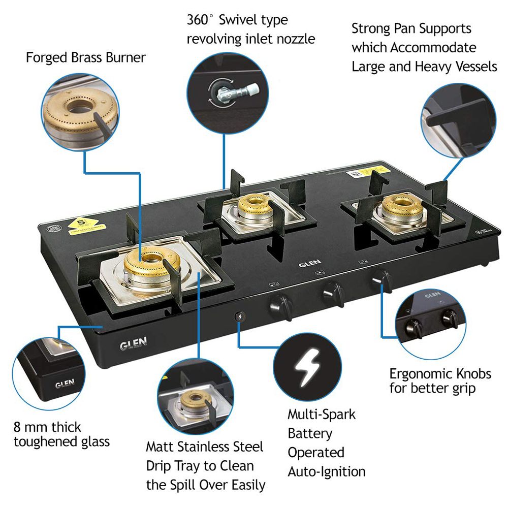 Glen 1038 SQ BL FB AI Toughened Glass Top 3 Burner Automatic Gas Stove (Scratch & Stain Resistant, Black)_9