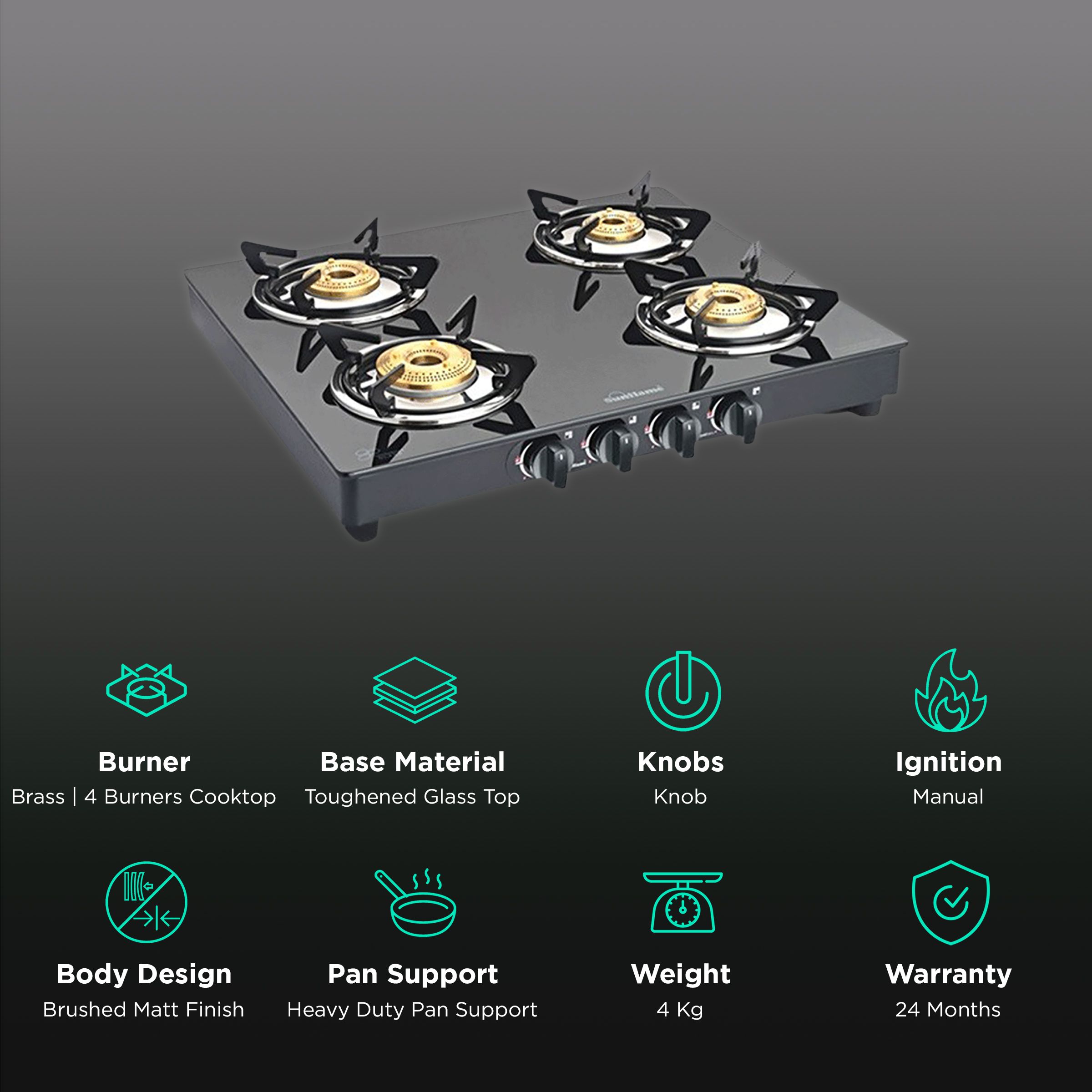 Sunflame PRIME 4B BK Toughened Glass Top 4 Burner Manual Gas Stove (Vitreous Enamelled Skirting, Black)_3