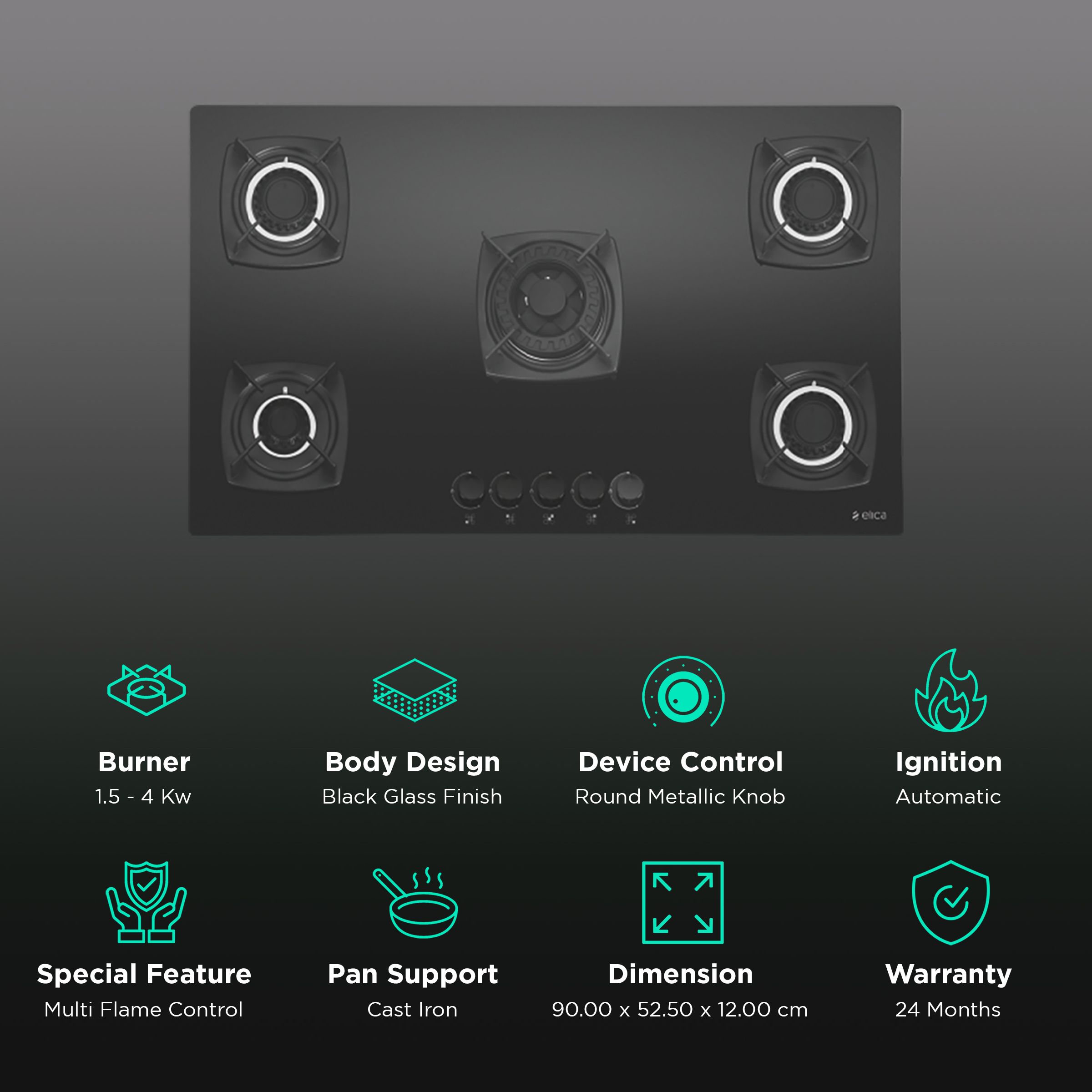 Elica DT FLEXI MFC 5B 90 SWIRL 5 Burner Automatic Hob (Cast Iron Grid, Black) Elica DT FLEXI MFC 5B 90 SWIRL 5 Burner Automatic Hob (Cast Iron Grid, Black)_3