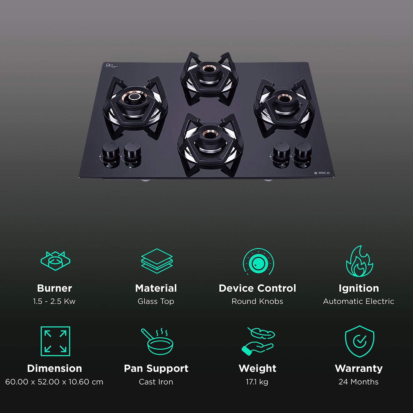 Elica CLASSIC FLEXI AB HCT 4B 60 Glass Top 4 Burner Automatic Electric Hob (Cast Iron Grid, Black) Elica CLASSIC FLEXI AB HCT 4B 60 Glass Top 4 Burner Automatic Electric Hob (Cast Iron Grid, Black)_3