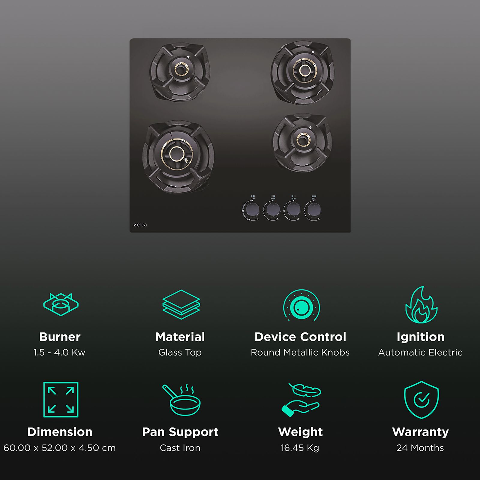 Elica Classic AB MFC 4B 60 MT Glass Top 4 Burner Automatic Hob (Multi Flame Control, Black) Elica Classic AB MFC 4B 60 MT Glass Top 4 Burner Automatic Hob (Multi Flame Control, Black)_3