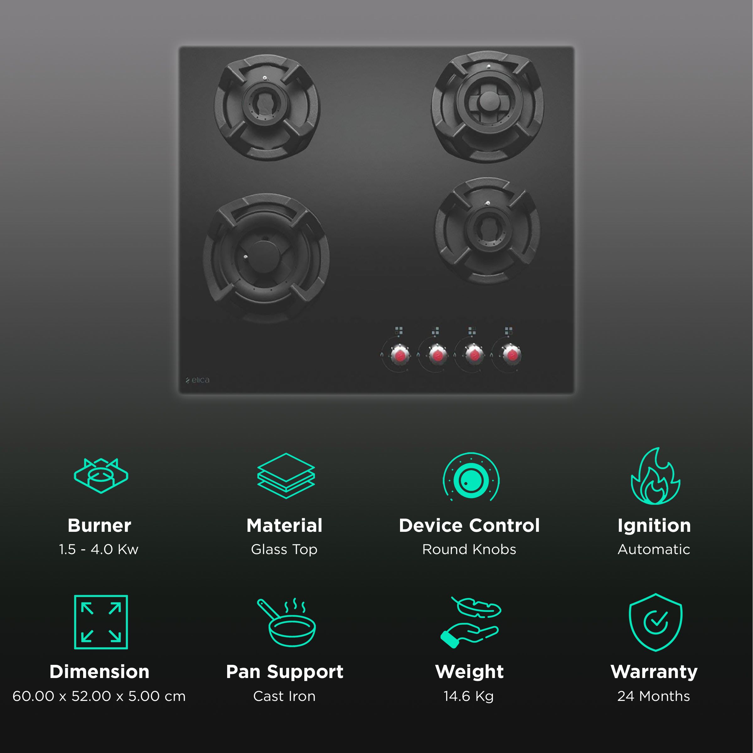 Elica CLASSIC AB MFC 4B 60 MT FFD Glass Top 4 Burner Automatic Hob (Multi Flame Control, Black)_3