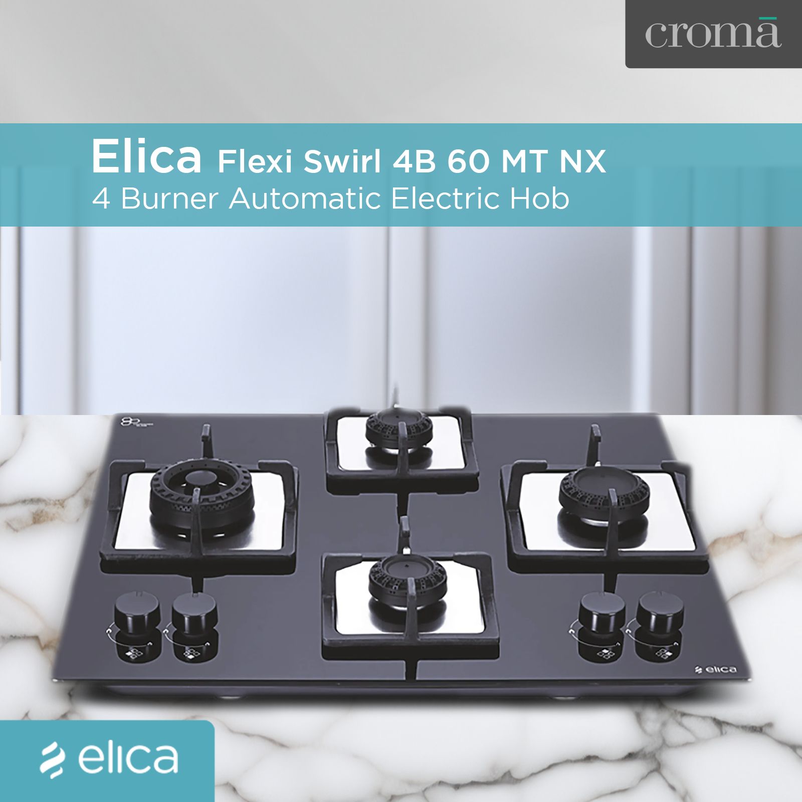 Elica Flexi Swirl 4B 60 MT NX Glass Top 4 Burner Automatic Electric Hob (Round Metallic Knob, Black)_4