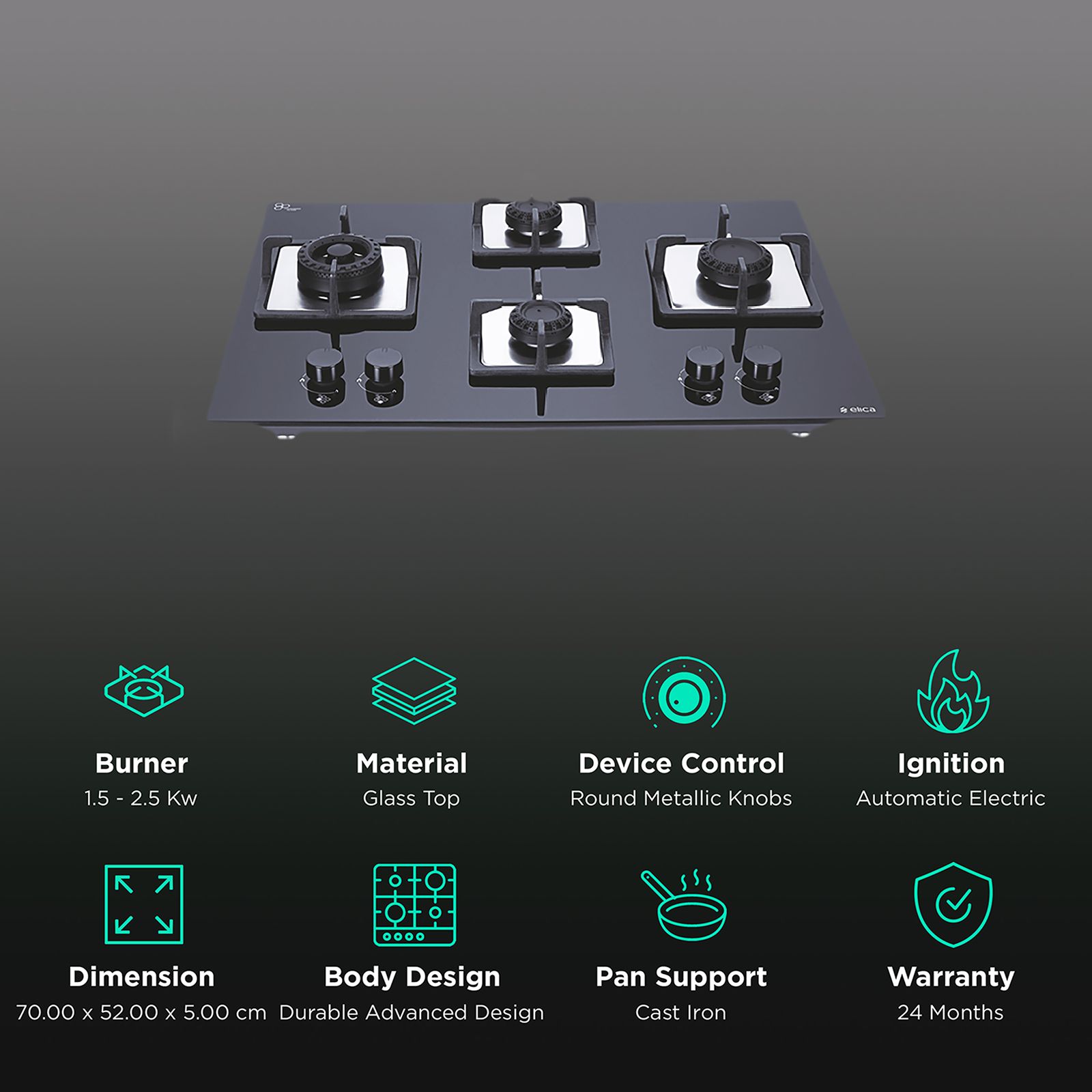 Elica Flexi Swirl 4B 70 MT NX Glass Top 4 Burner Automatic Electric Hob (Round Metallic Knob, Black) Elica Flexi Swirl 4B 70 MT NX Glass Top 4 Burner Automatic Electric Hob (Round Metallic Knob, Black)_3