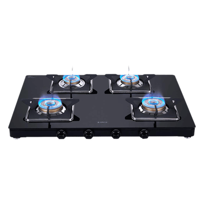 elica 694 CT VETRO (SLIMLINE SPF) Glass Top 4 Burner Manual Gas Stove (Square Euro Coated Grids, Black)