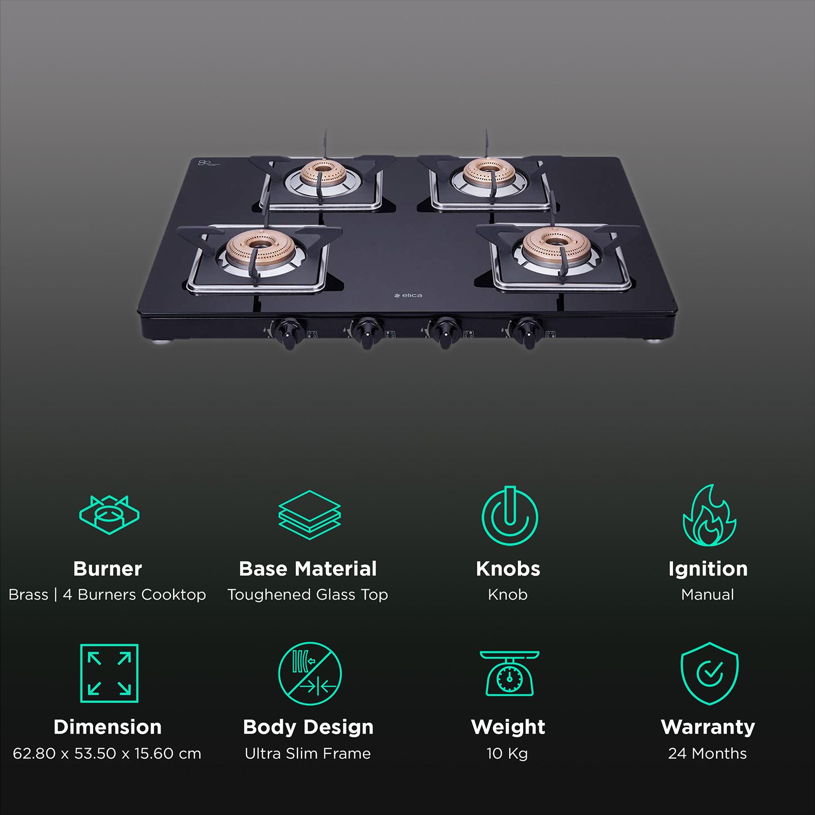 elica 694 CT VETRO (SLIMLINE SPF) Glass Top 4 Burner Manual Gas Stove (Square Euro Coated Grids, Black) elica 694 CT VETRO (SLIMLINE SPF) Glass Top 4 Burner Manual Gas Stove (Square Euro Coated Grids, Black)_3