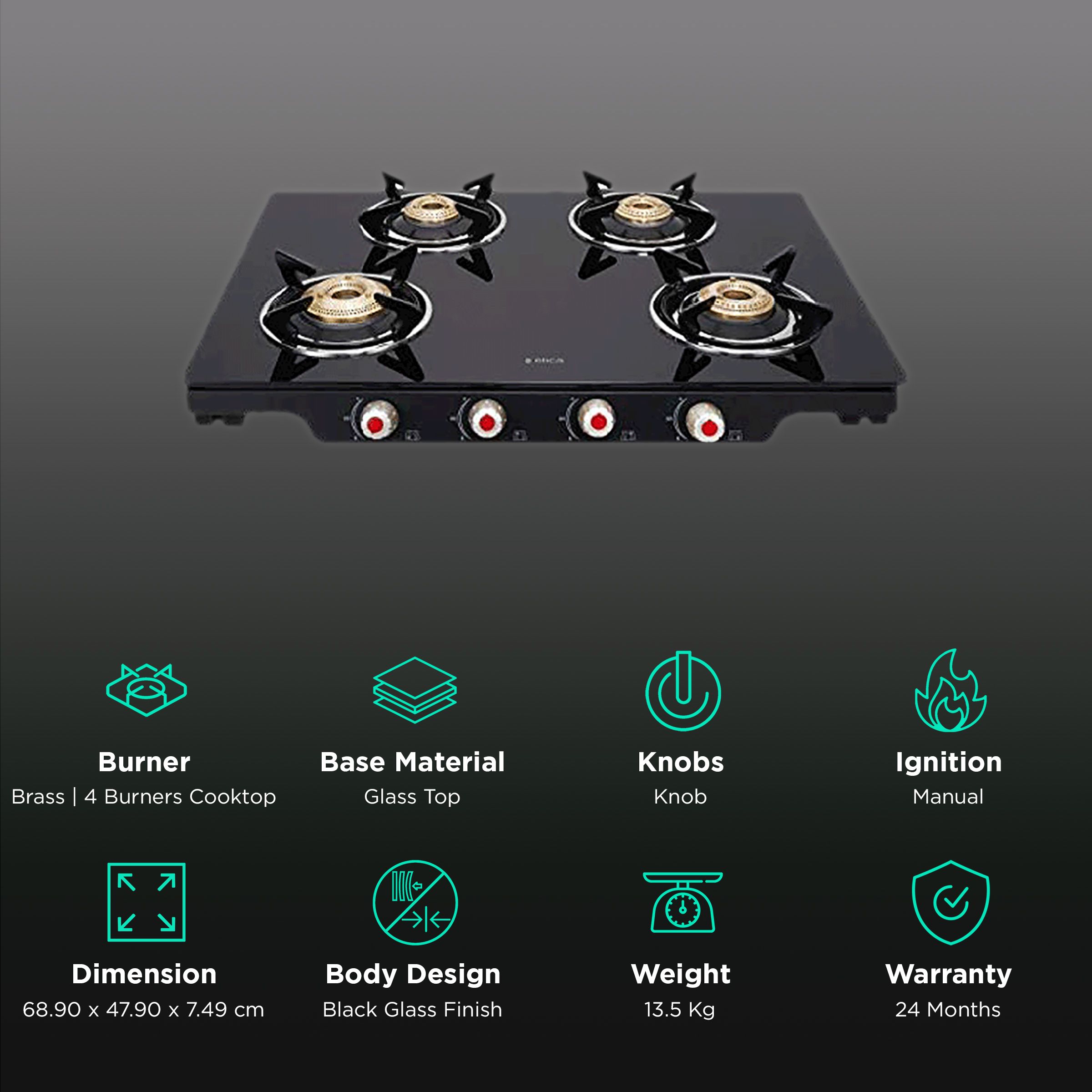 Elica Patio ICT 469 BLK S (SPF SERIES) Glass Top 4 Burner Manual Gas Stove (Euro Coated Grid, Black) Elica Patio ICT 469 BLK S (SPF SERIES) Glass Top 4 Burner Manual Gas Stove (Euro Coated Grid, Black)_3