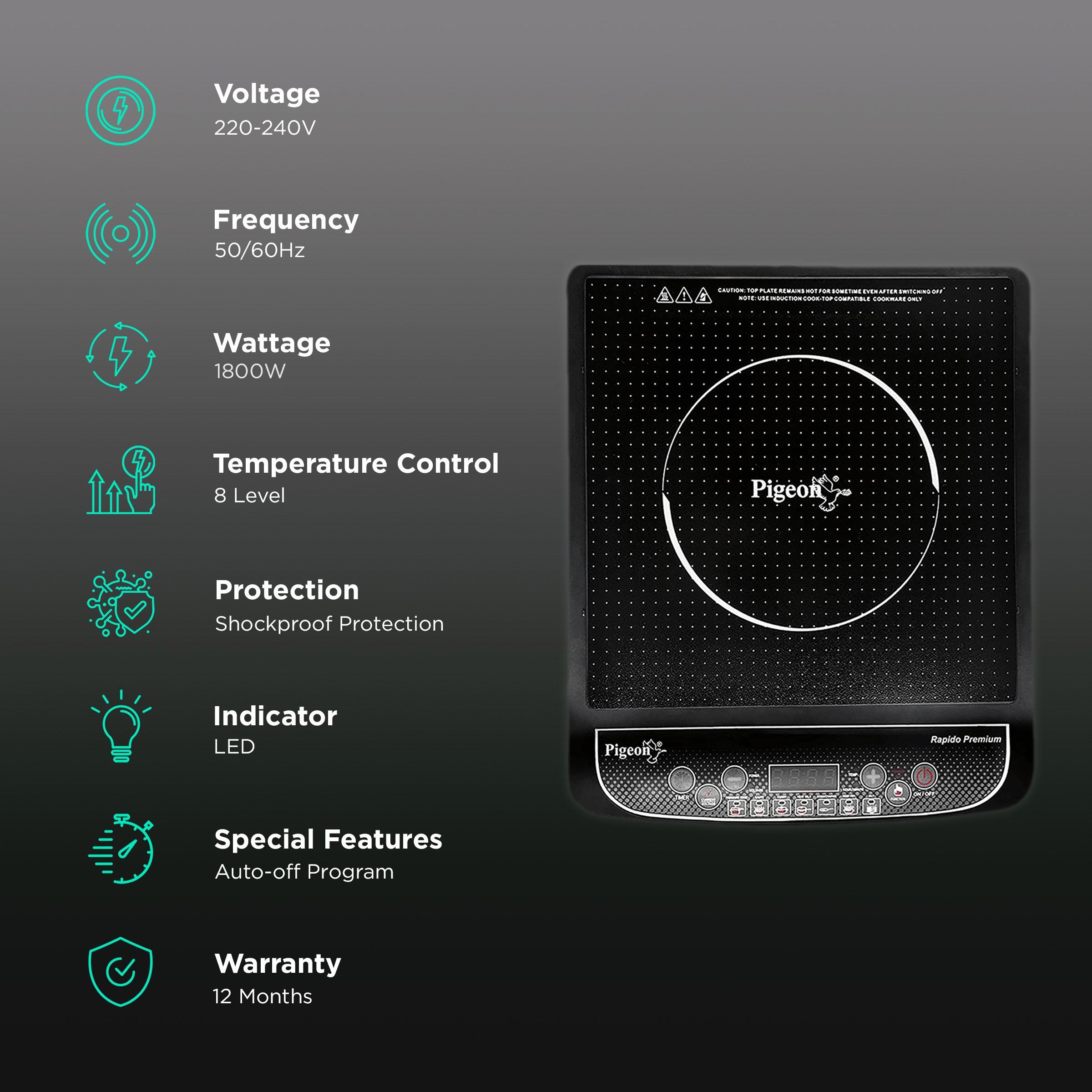Pigeon Rapido Premium 1800W Induction Cooktop with 7 Preset Menus_3