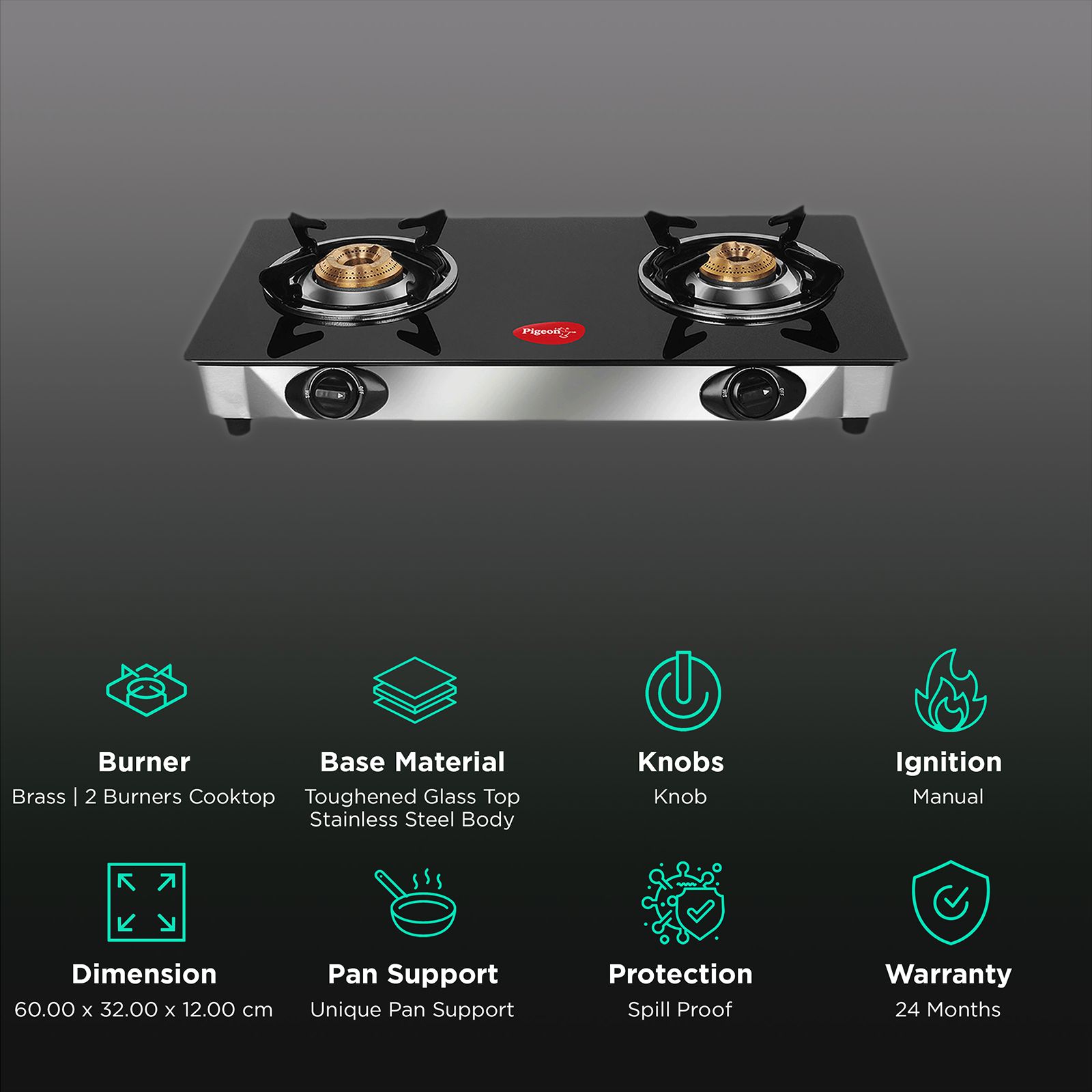Pigeon Ayush Toughened Glass Top 2 Burner Manual Gas Stove (Rust Proof, Black) Pigeon Ayush Toughened Glass Top 2 Burner Manual Gas Stove (Rust Proof, Black)_3