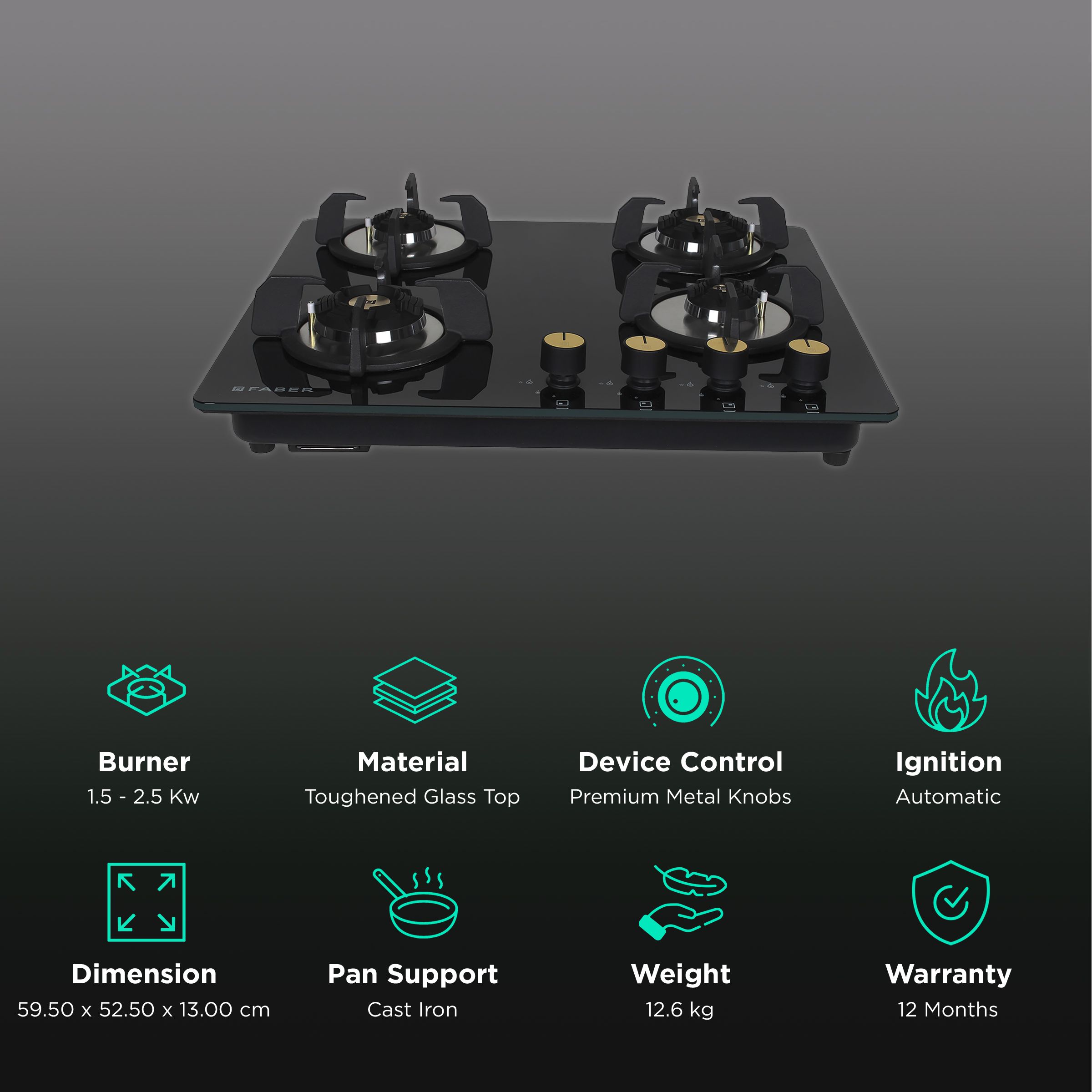 Faber Maxus HT604 CRS BR CI AI Tempered Glass Top 4 Burner Automatic Hob (Heat Resistant, Black) Faber Maxus HT604 CRS BR CI AI Tempered Glass Top 4 Burner Automatic Hob (Heat Resistant, Black)_3