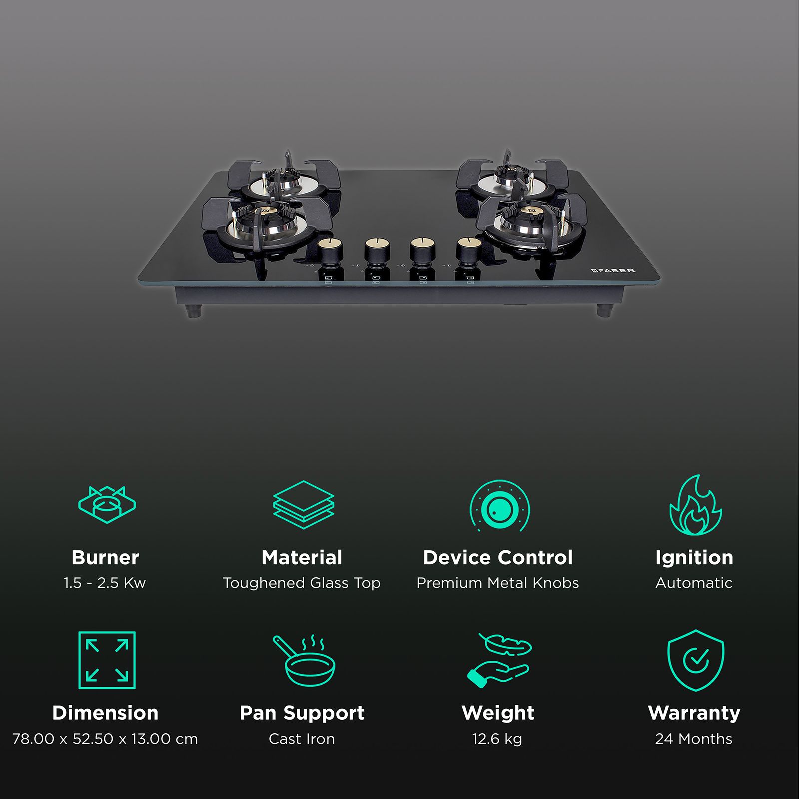 Faber Maxus HT784 CRS BR CI AI Toughened Glass Top 4 Burner Automatic Hob (High Quality Knob, Black)_3