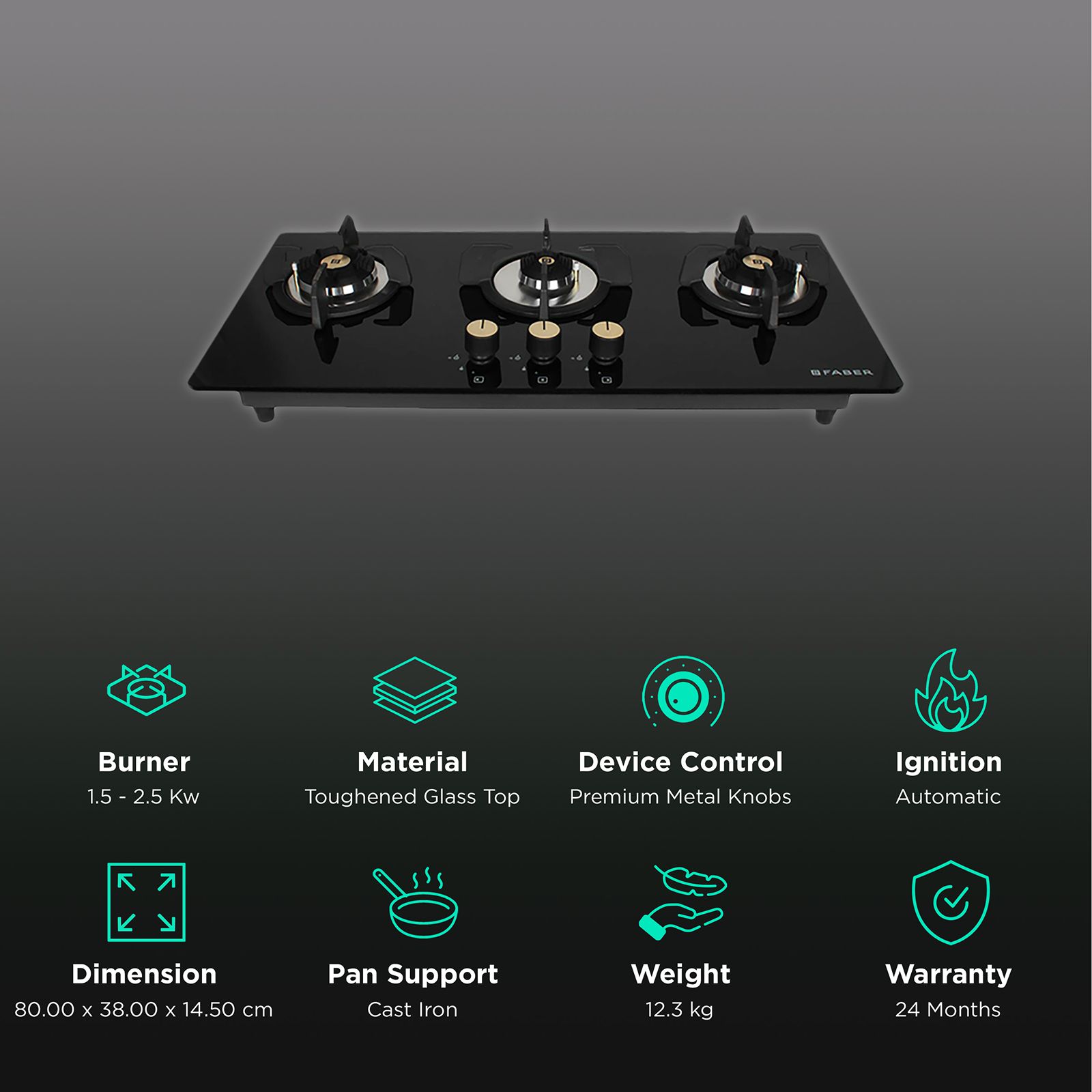 Faber Maxus HT803 CRS BR CI AI Toughened Glass Top 3 Burner Automatic Hob (High Quality Knob, Black) Faber Maxus HT803 CRS BR CI AI Toughened Glass Top 3 Burner Automatic Hob (High Quality Knob, Black)_3