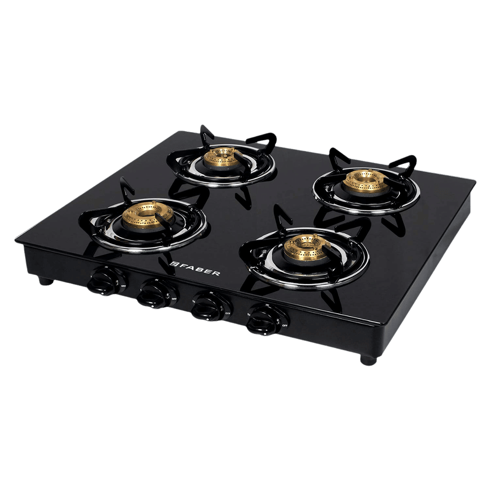 Faber Power 4BB BK Toughened Glass Top 4 Burner Manual Gas Stove (Powder Coating Round Pan Support, Black)_1