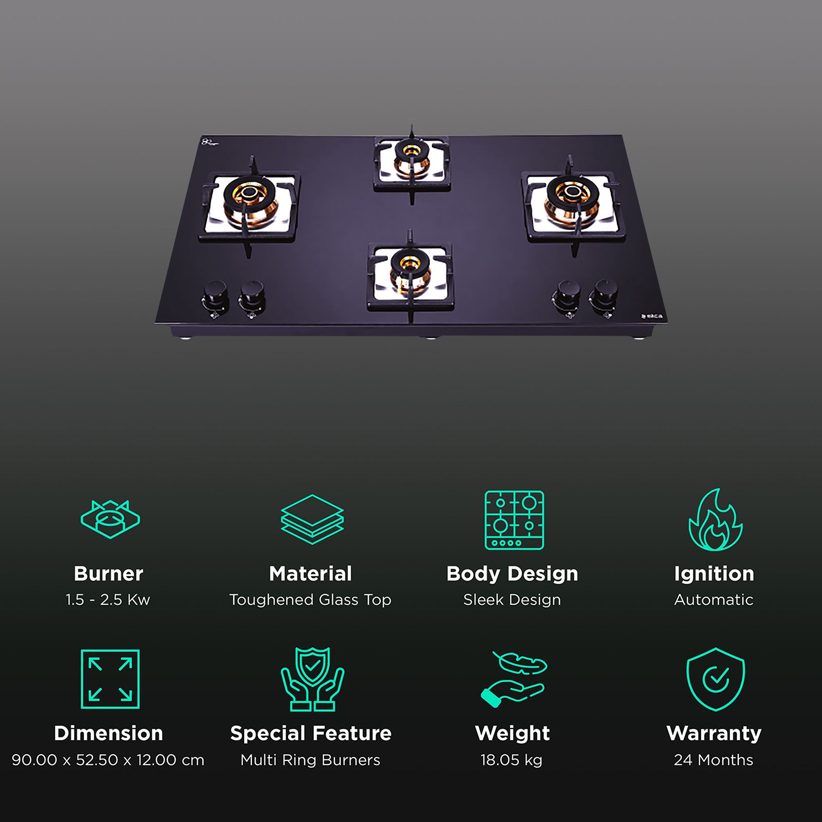 Elica FLEXI FB HCT 491 DX Toughened Glass Top 4 Burner Automatic Hob (Cast Iron Grid, Black)_3