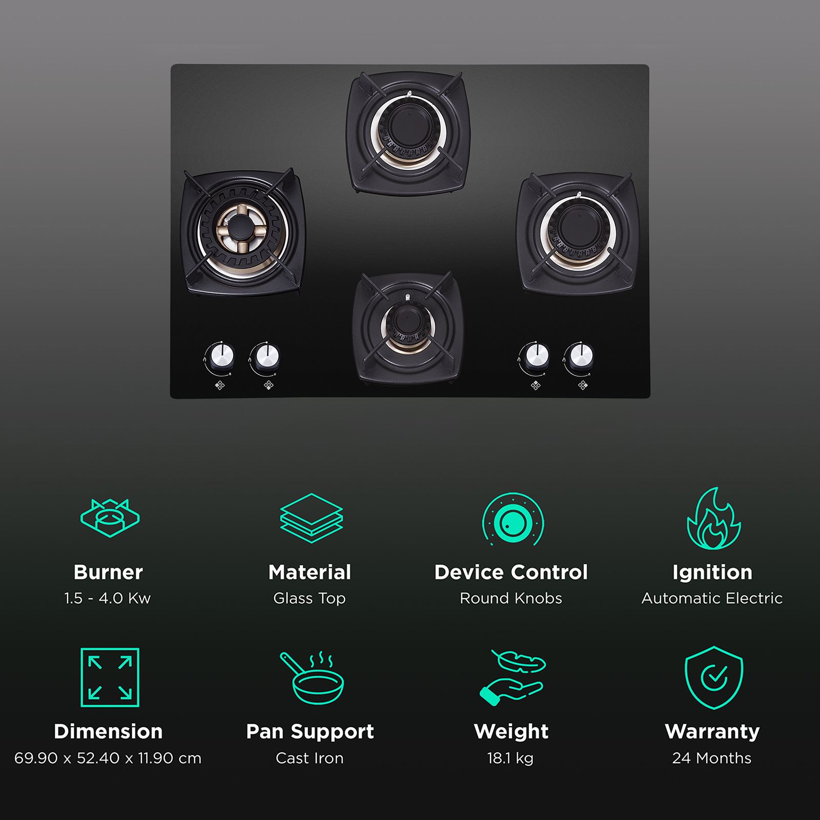Elica DT FLEXI FB MFC 4B 70 SWIRL Glass Top 4 Burner Automatic Electric Hob (Cast Iron Grid, Black)_3