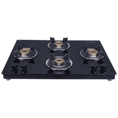 Elica 694 CT VETRO 2J (TKN CROWN DT SERIES) Toughened Glass Top 4 Burner Manual Gas Stove (Ultra Slim Frame, Black)