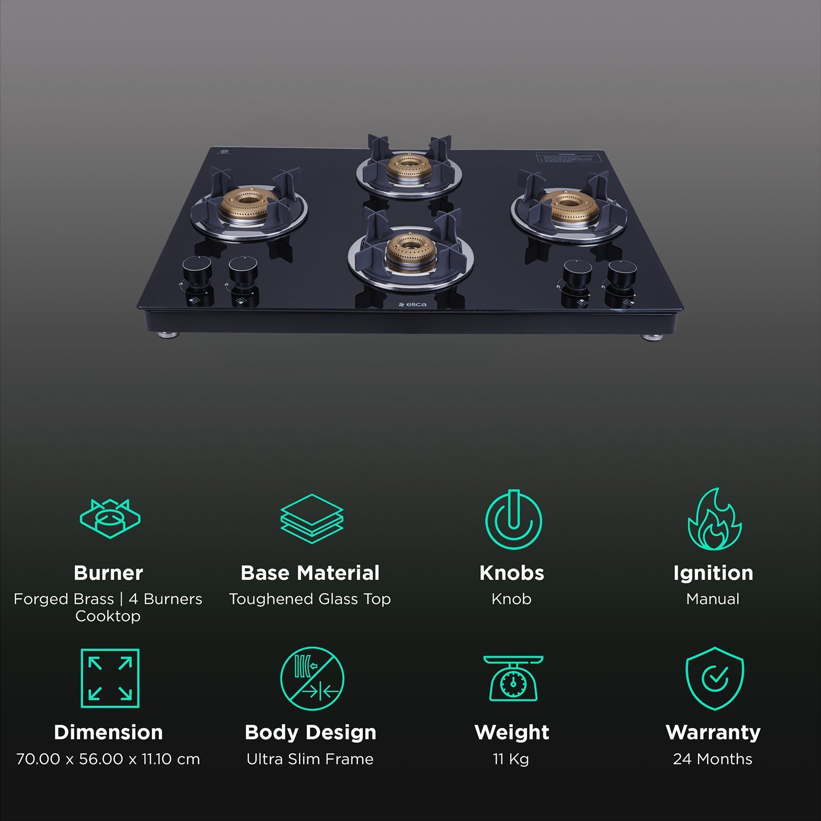 Elica 694 CT VETRO 2J (TKN CROWN DT SERIES) Toughened Glass Top 4 Burner Manual Gas Stove (Ultra Slim Frame, Black)_3