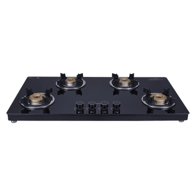 Elica 904 CT VETRO 2J (TKN CROWN DT SERIES) Toughened Glass Top 4 Burner Manual Gas Stove (Ultra Slim Frame, Black)