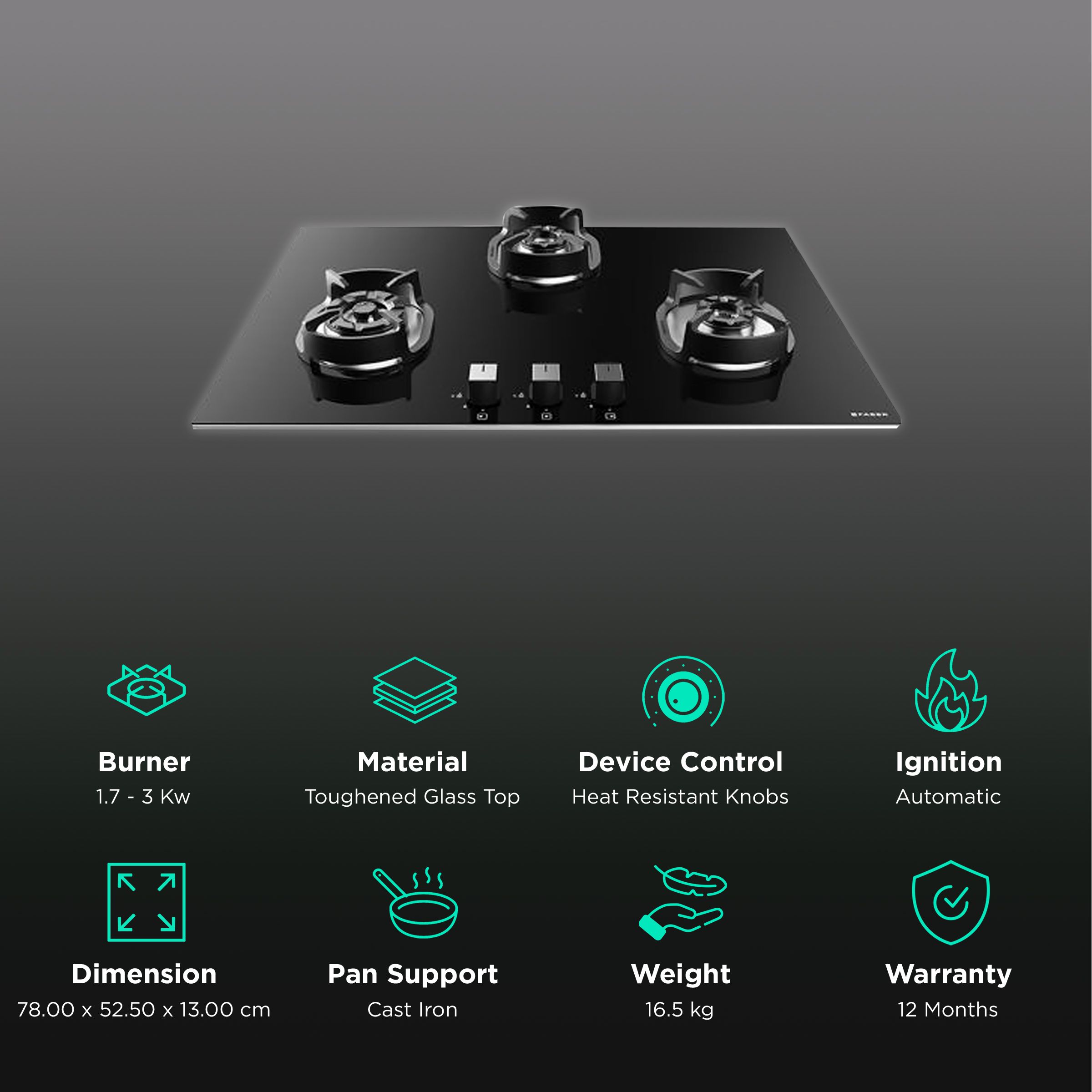 Faber Nexus IND HT783 CRS BR CI AI Toughened Glass Top 3 Burner Automatic Hob (Heat Resistant, Black) Faber Nexus IND HT783 CRS BR CI AI Toughened Glass Top 3 Burner Automatic Hob (Heat Resistant, Black)_3