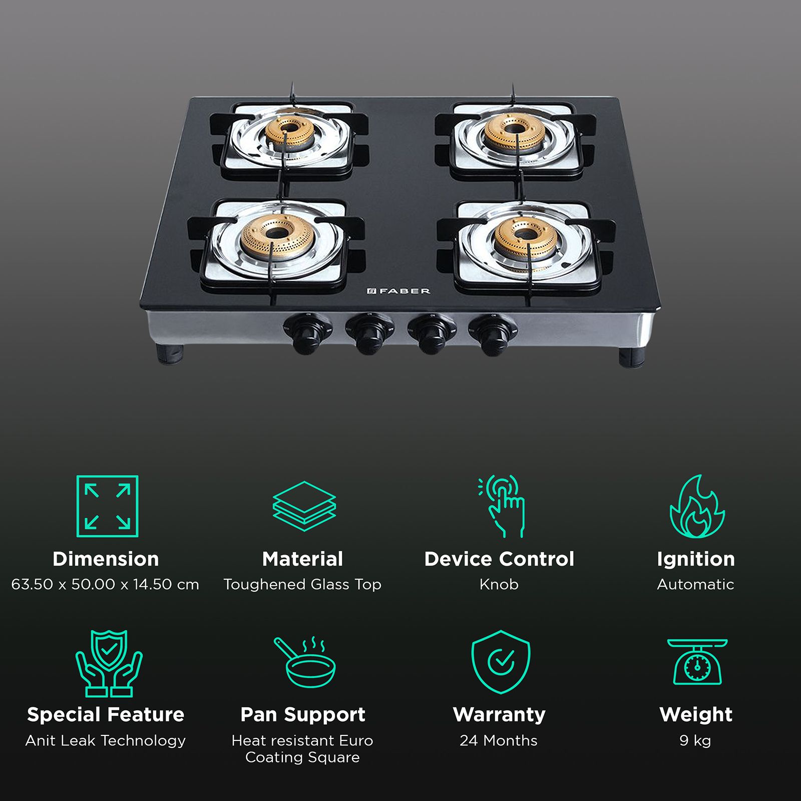 FABER Supreme Plus C 4BB AI 4 Burner Manual Hob (Euro Coating Square Pan Support, Black) FABER Supreme Plus C 4BB AI 4 Burner Manual Hob (Euro Coating Square Pan Support, Black)_3