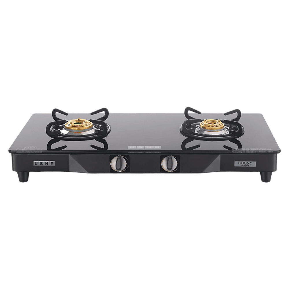 USHA Ebony GS2001 Toughened Glass Top 2 Burner Manual Gas Stove (Slim Line Design, Black) USHA Ebony GS2001 Toughened Glass Top 2 Burner Manual Gas Stove (Slim Line Design, Black)_1
