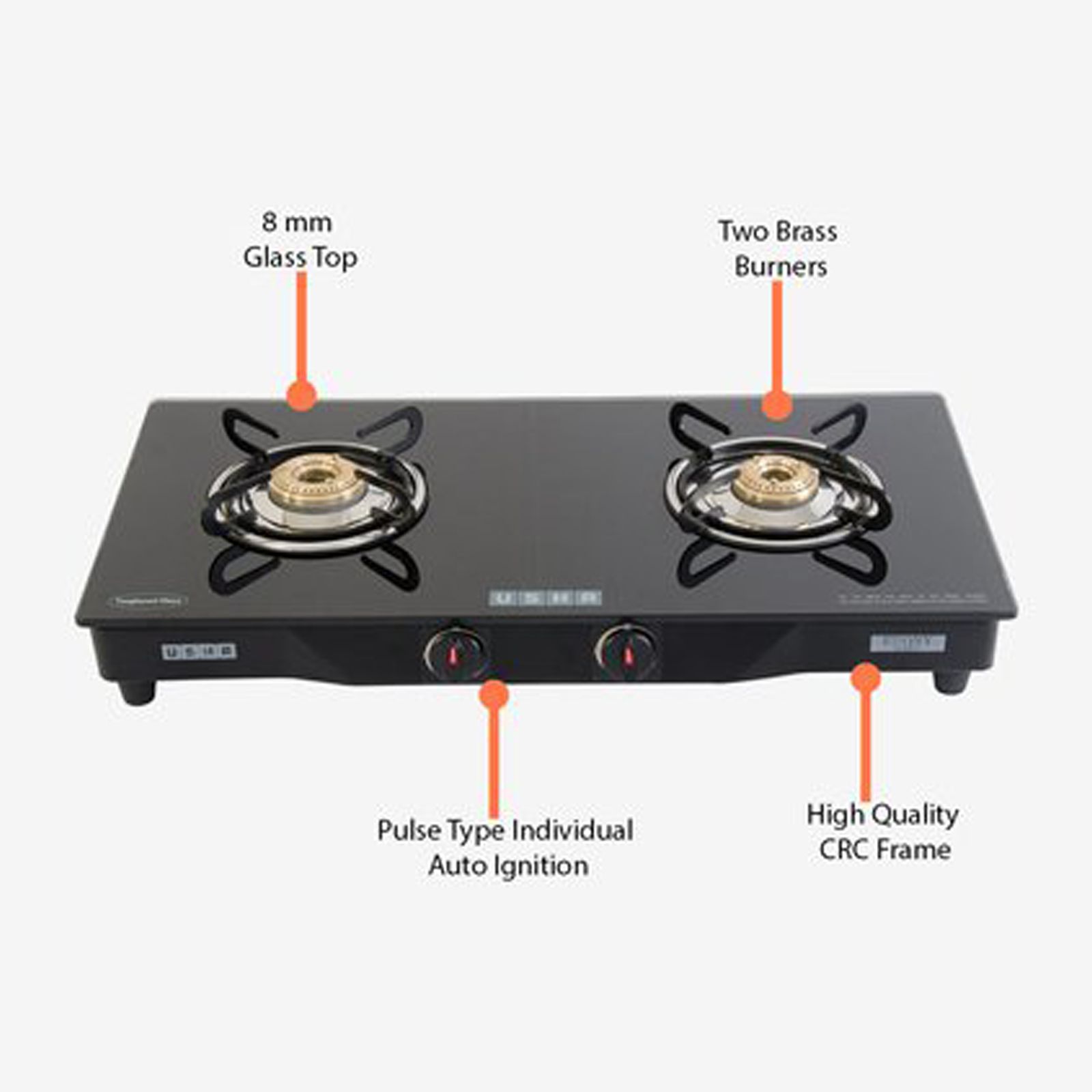 USHA Ebony GS2001 Toughened Glass Top 2 Burner Manual Gas Stove (Slim Line Design, Black) USHA Ebony GS2001 Toughened Glass Top 2 Burner Manual Gas Stove (Slim Line Design, Black)_9