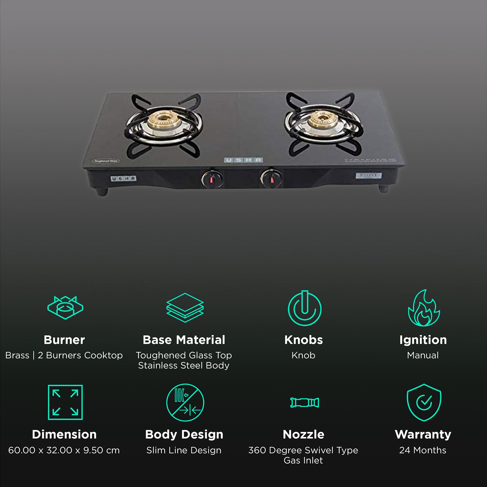 USHA Ebony GS2001 Toughened Glass Top 2 Burner Manual Gas Stove (Slim Line Design, Black) USHA Ebony GS2001 Toughened Glass Top 2 Burner Manual Gas Stove (Slim Line Design, Black)_3