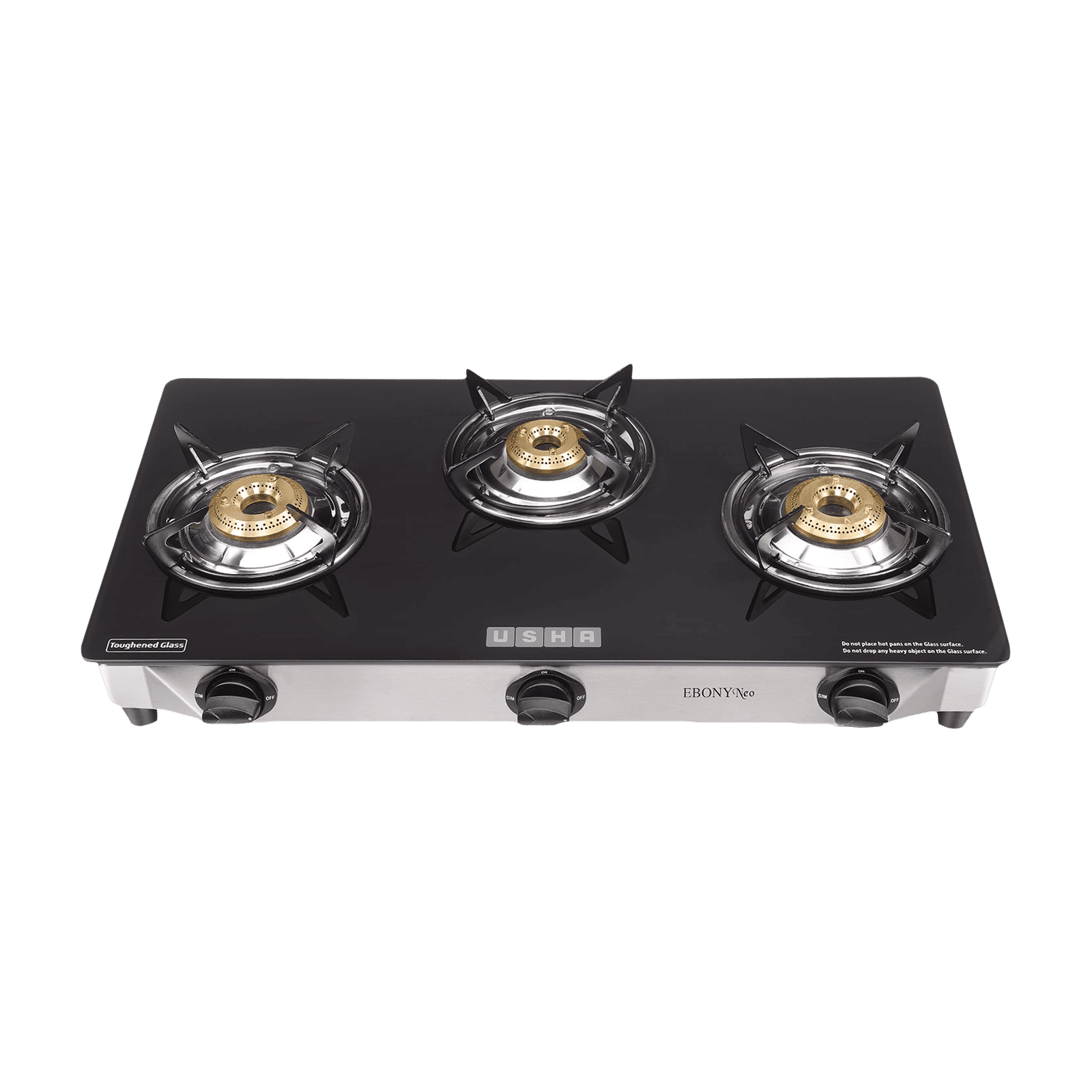 USHA Ebony Neo GS3003 Toughened Glass Top 3 Burner Manual Gas Stove (Powder Coated Pan Support, Black) USHA Ebony Neo GS3003 Toughened Glass Top 3 Burner Manual Gas Stove (Powder Coated Pan Support, Black)_1