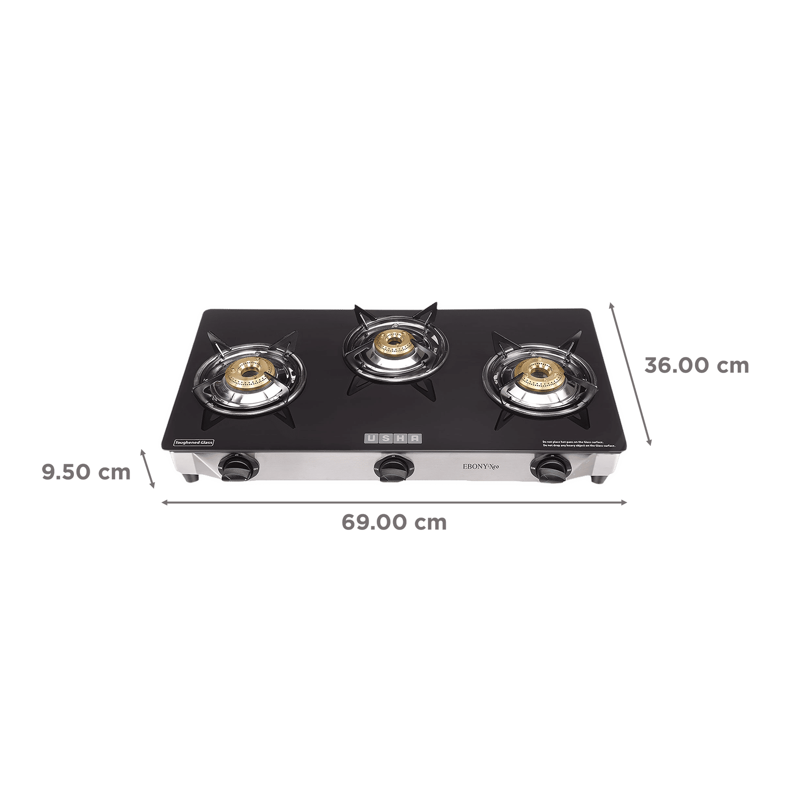 USHA Ebony Neo GS3003 Toughened Glass Top 3 Burner Manual Gas Stove (Powder Coated Pan Support, Black) USHA Ebony Neo GS3003 Toughened Glass Top 3 Burner Manual Gas Stove (Powder Coated Pan Support, Black)_2