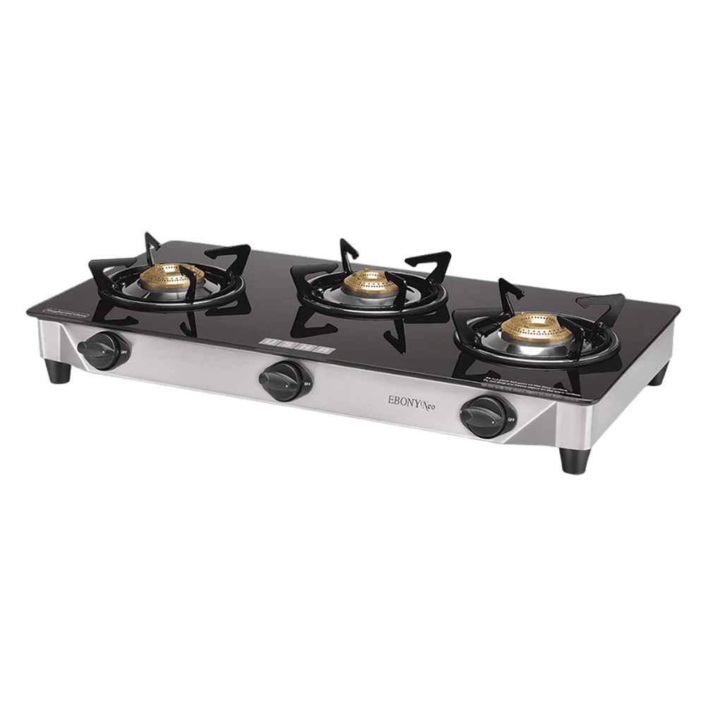 USHA Ebony Neo GS3003 Toughened Glass Top 3 Burner Manual Gas Stove (Powder Coated Pan Support, Black) USHA Ebony Neo GS3003 Toughened Glass Top 3 Burner Manual Gas Stove (Powder Coated Pan Support, Black)_5