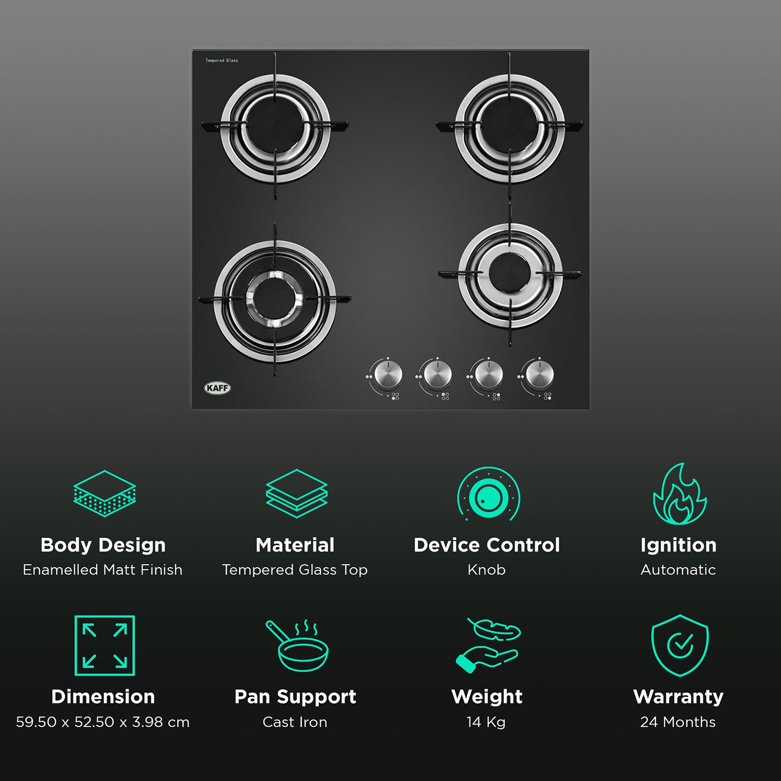 KAFF NE 4B 60 GF Tempered Glass Top 4 Burner Automatic Electric Hob (Enamelled Matt Finish Grills, Black)_3