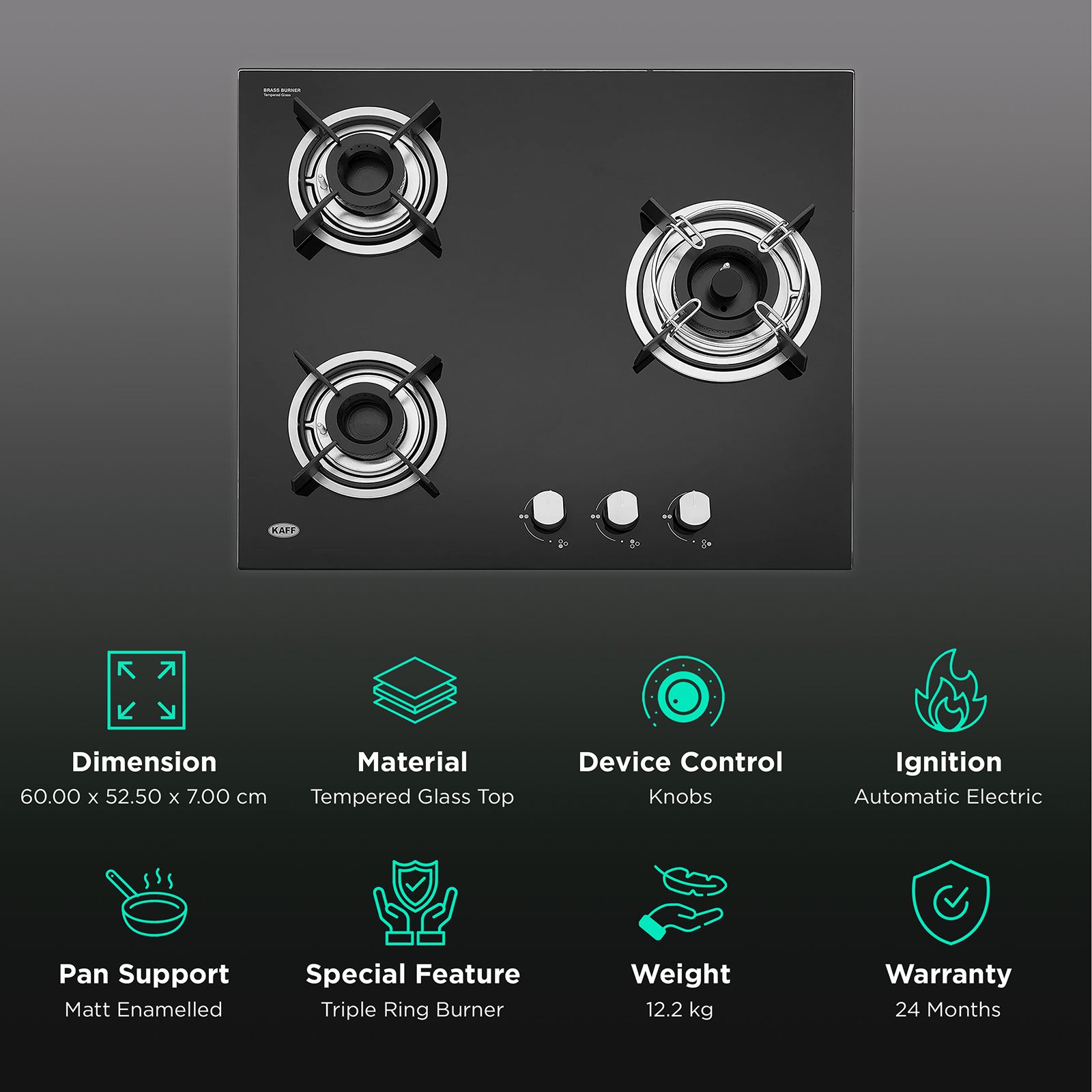 KAFF HBR 603 B Tempered Glass Top 3 Burner Automatic Electric Hob (Matte Enamelled Pan Support, Black) KAFF HBR 603 B Tempered Glass Top 3 Burner Automatic Electric Hob (Matte Enamelled Pan Support, Black)_3