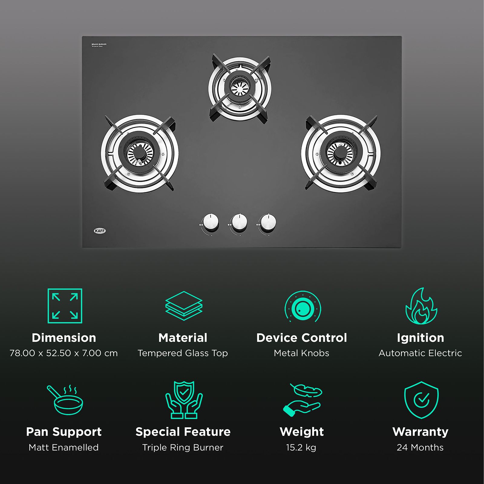 KAFF HBR 783 B Tempered Glass Top 3 Burner Automatic Electric Hob (Matte Enamelled Pan Support, Black) KAFF HBR 783 B Tempered Glass Top 3 Burner Automatic Electric Hob (Matte Enamelled Pan Support, Black)_3