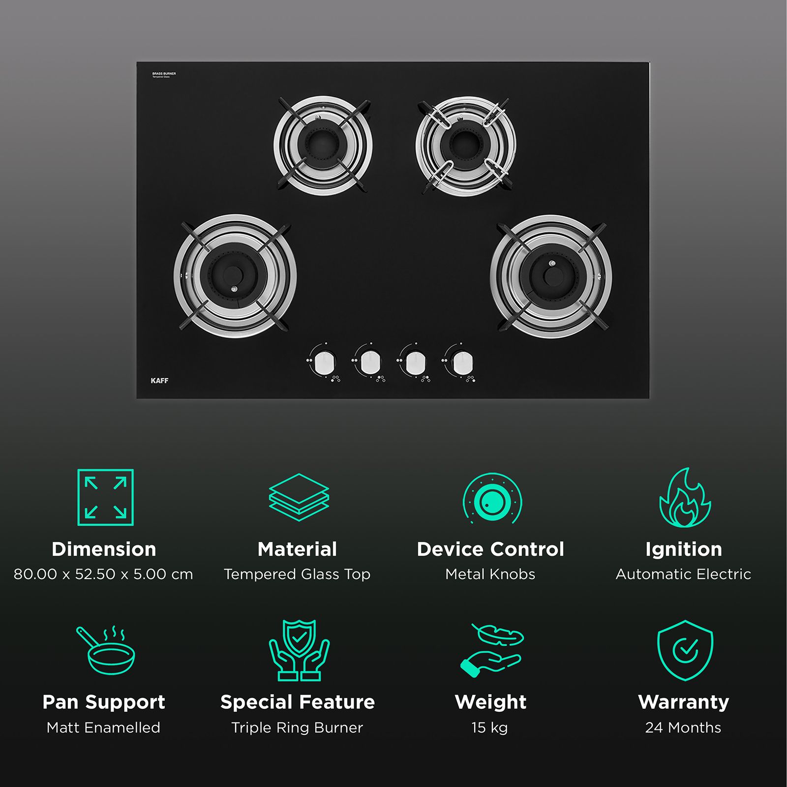 KAFF HBR 804 A Tempered Glass Top 4 Burner Automatic Electric Hob (Enamelled Matt Finish Grills, Black)_3